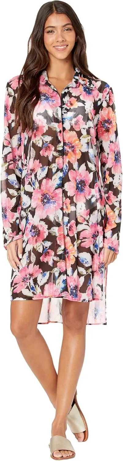 Riviera Blooms Long Front Tie Cover-Up Mesh Shirt
