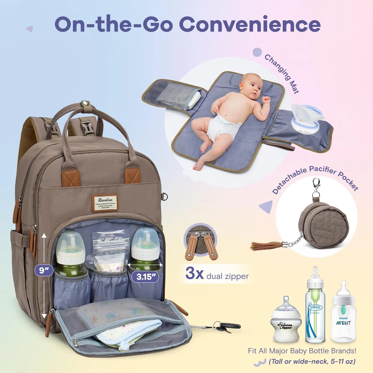 RUVALINO Diaper Bag Backpack, Multifunction Travel Pack Maternity Baby Changing Bags, Large Capacity, Waterproof, Khaki