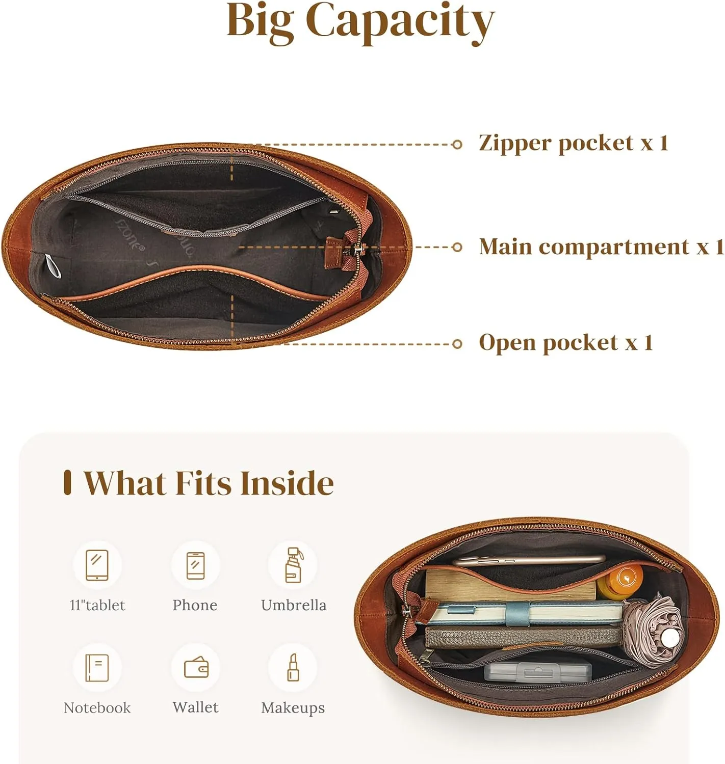 S-ZONE Women Genuine Leather Bucket Shoulder Bag Vintage Crossbody Purse with Outer Pocket