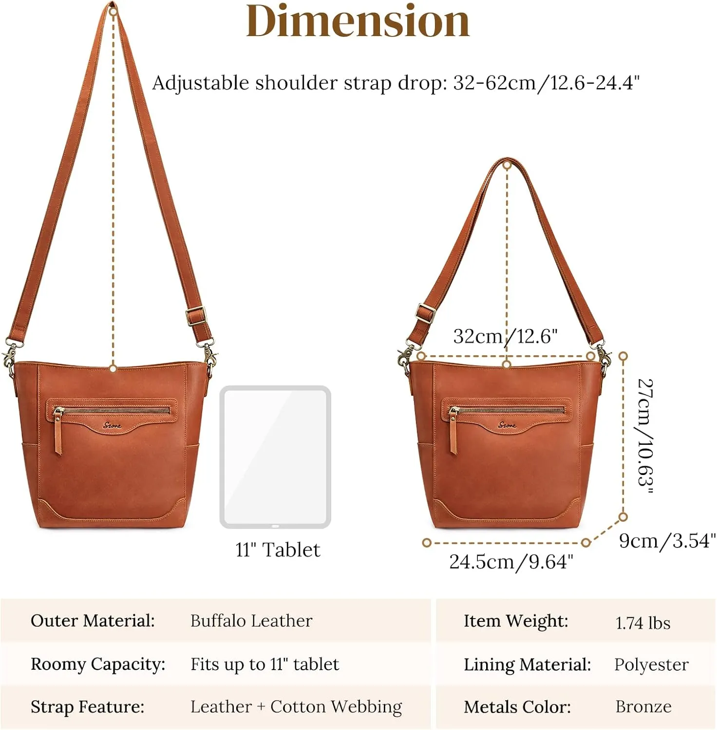 S-ZONE Women Genuine Leather Bucket Shoulder Bag Vintage Crossbody Purse with Outer Pocket