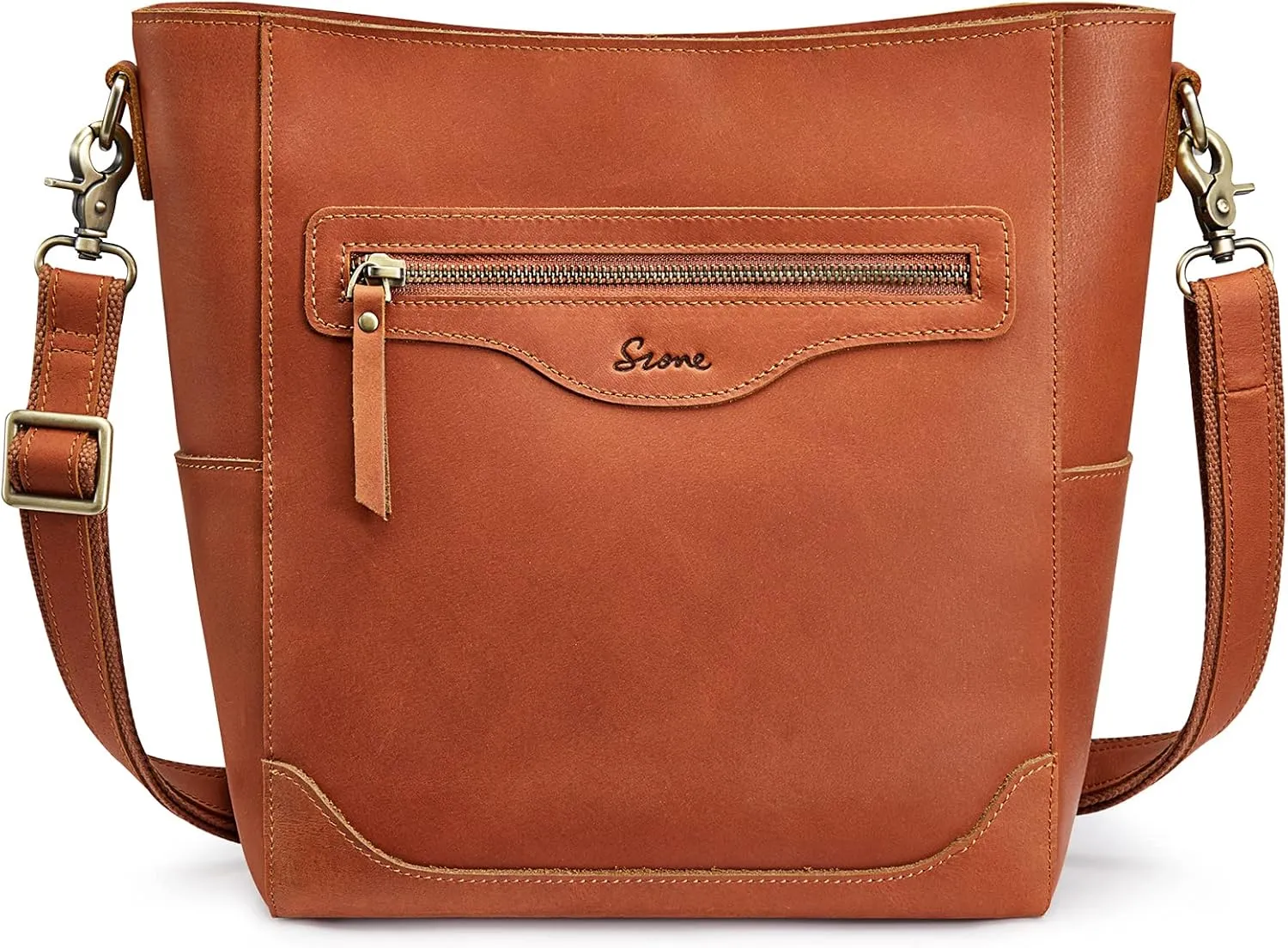 S-ZONE Women Genuine Leather Bucket Shoulder Bag Vintage Crossbody Purse with Outer Pocket