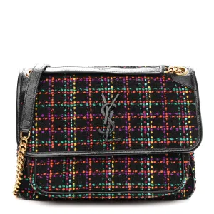 SAINT LAURENT
Tweed Calfskin Matelasse Monogram Medium Niki Chain Satchel Multicolor