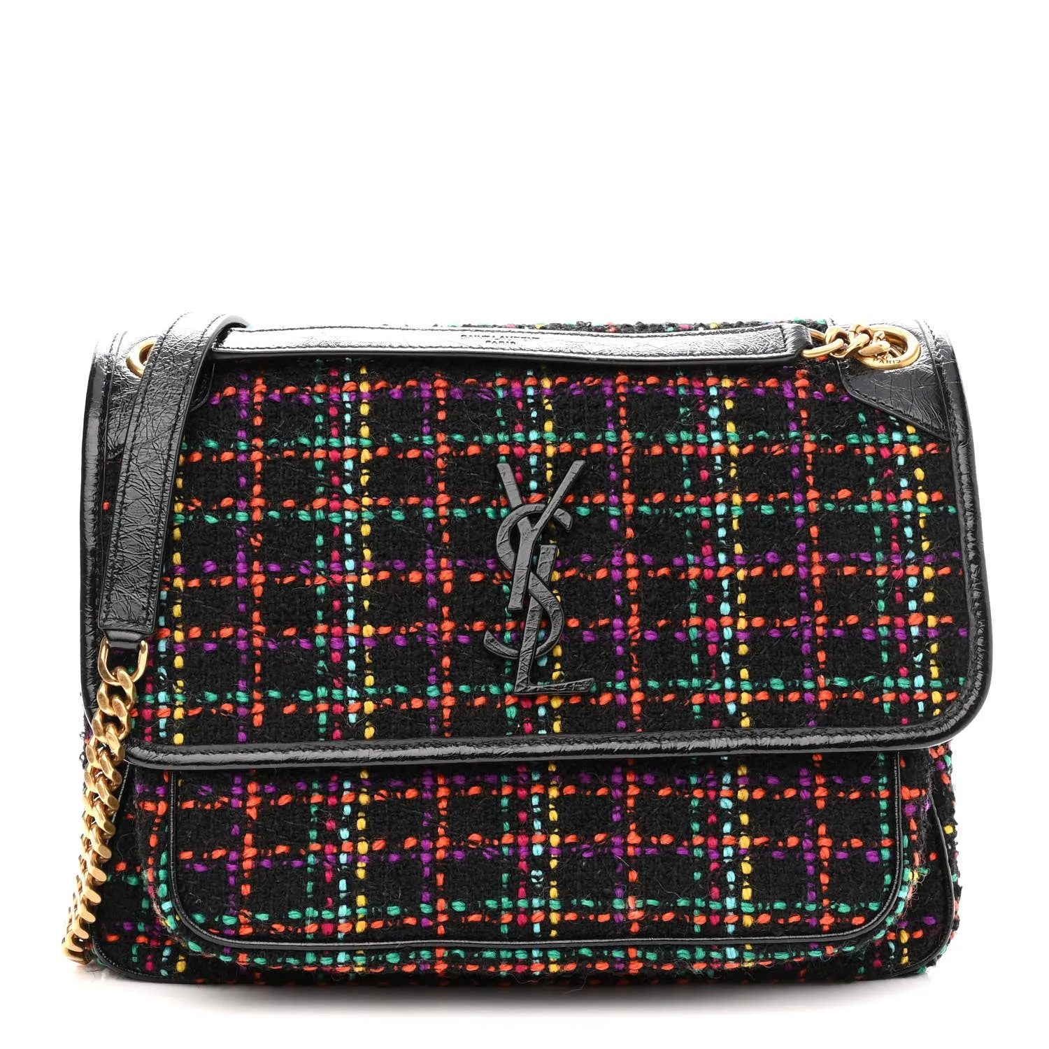 SAINT LAURENT
Tweed Calfskin Matelasse Monogram Medium Niki Chain Satchel Multicolor
