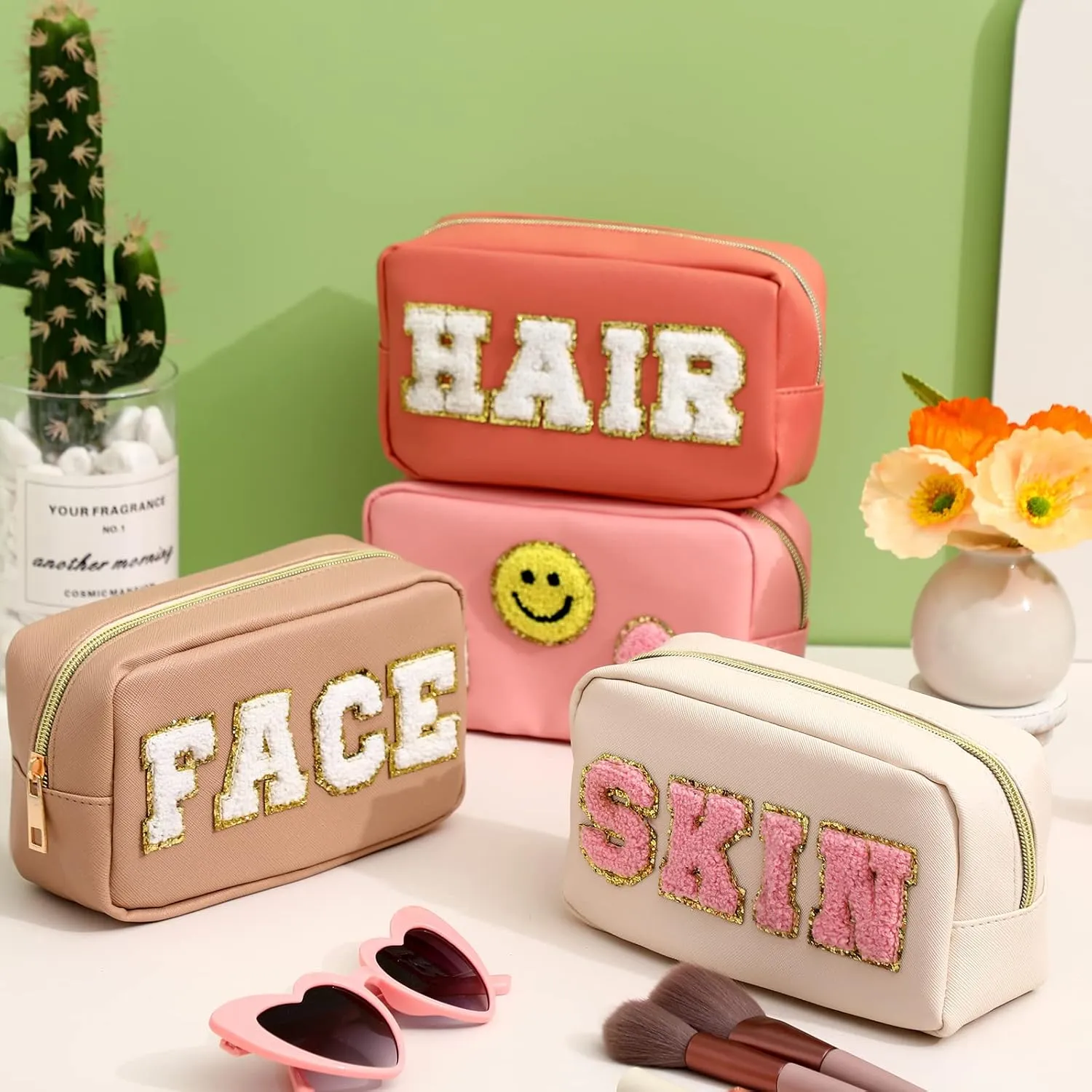 Sanwuta 4 Pcs Hair Face Skin Travel Bag Set Preppy Makeup Pouch PU Leather Skincare Bag Waterproof Cosmetic Organizer Birthday Christmas Gifts(Beige, Khaki, Pink, Nude Pink,Fresh Style)