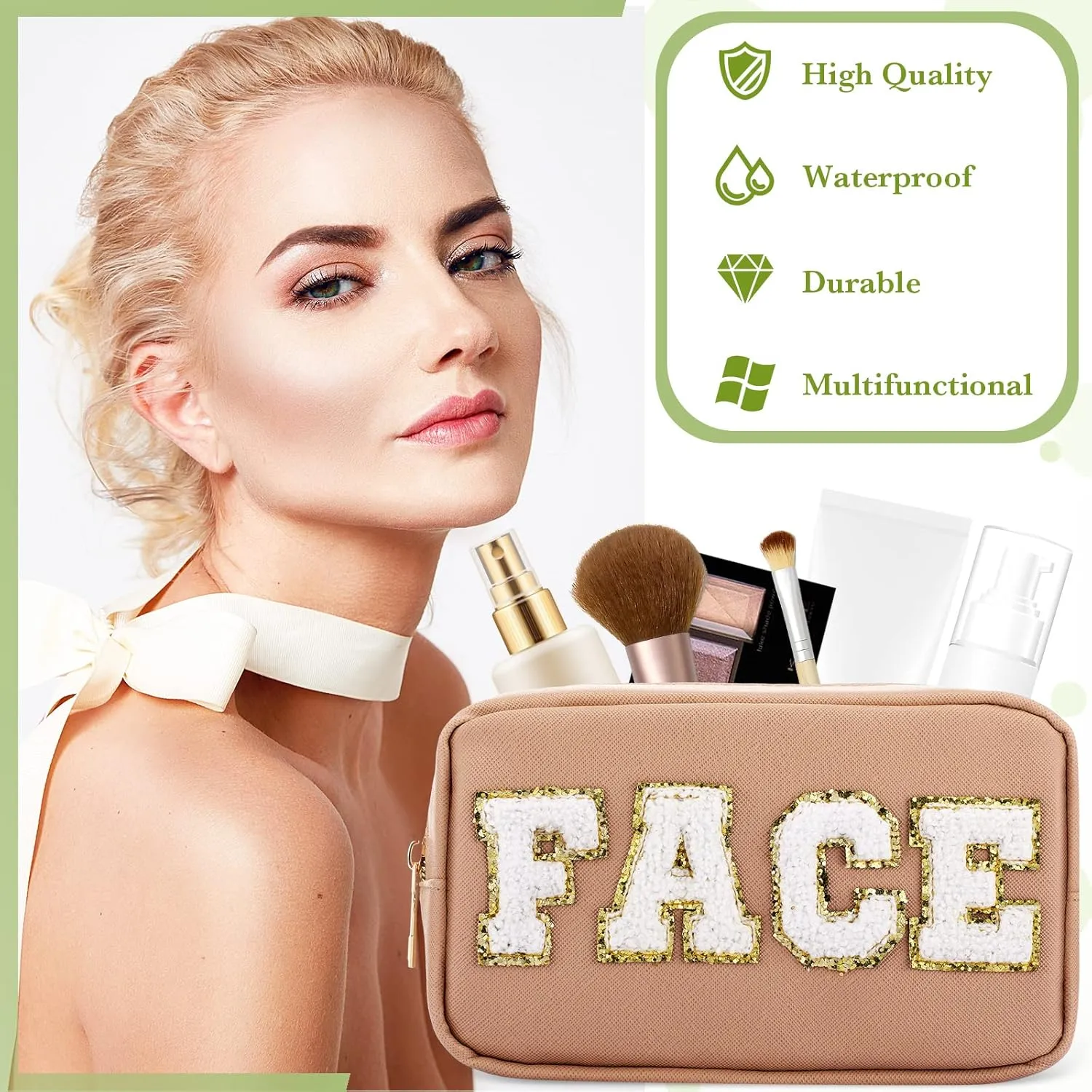 Sanwuta 4 Pcs Hair Face Skin Travel Bag Set Preppy Makeup Pouch PU Leather Skincare Bag Waterproof Cosmetic Organizer Birthday Christmas Gifts(Beige, Khaki, Pink, Nude Pink,Fresh Style)