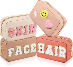 Sanwuta 4 Pcs Hair Face Skin Travel Bag Set Preppy Makeup Pouch PU Leather Skincare Bag Waterproof Cosmetic Organizer Birthday Christmas Gifts(Beige, Khaki, Pink, Nude Pink,Fresh Style)