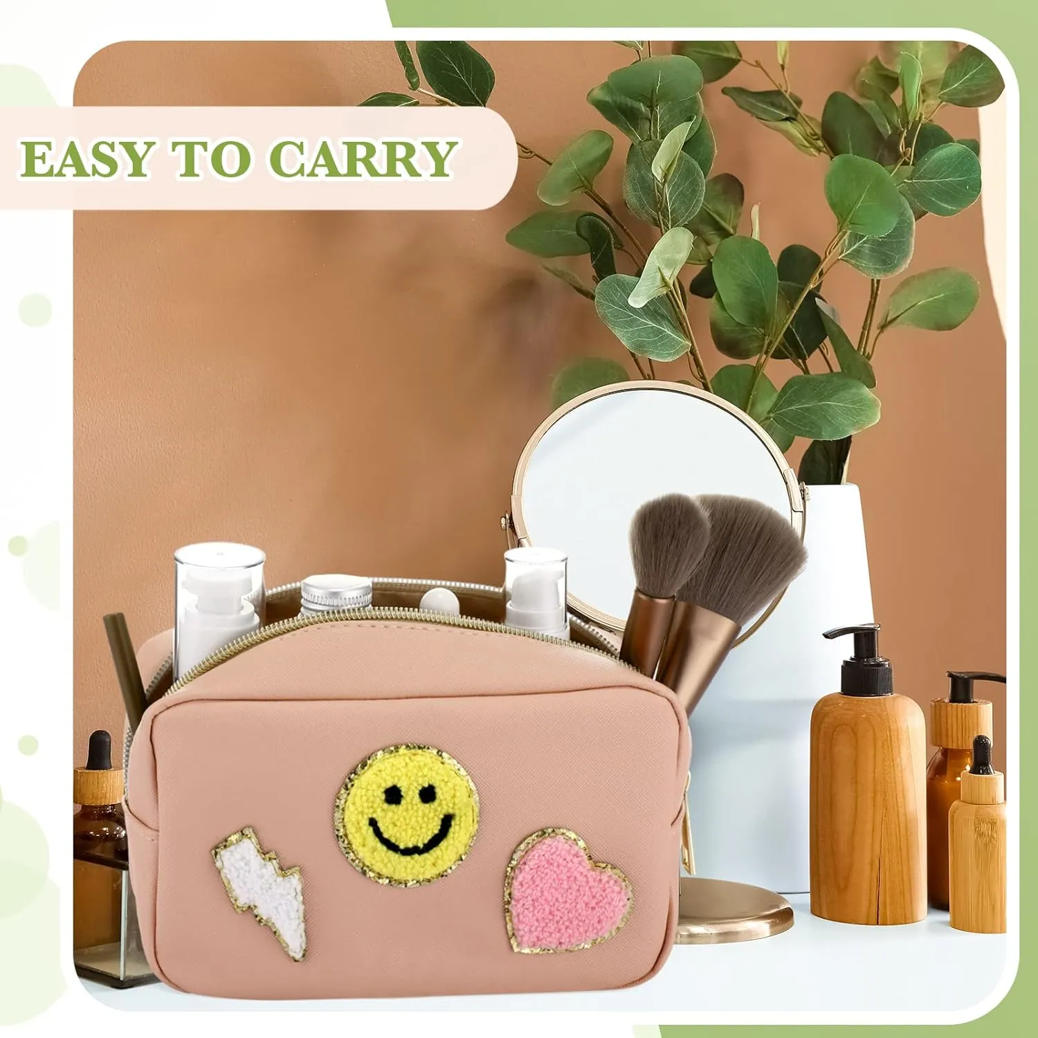 Sanwuta 4 Pcs Hair Face Skin Travel Bag Set Preppy Makeup Pouch PU Leather Skincare Bag Waterproof Cosmetic Organizer Birthday Christmas Gifts(Beige, Khaki, Pink, Nude Pink,Fresh Style)
