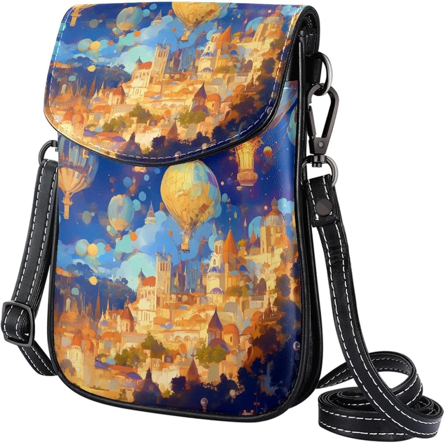 Satchel Bag Colorful Hot Air Balloon And City Landscape Painting Purse Crossbody Leather Messenger Bag For Women