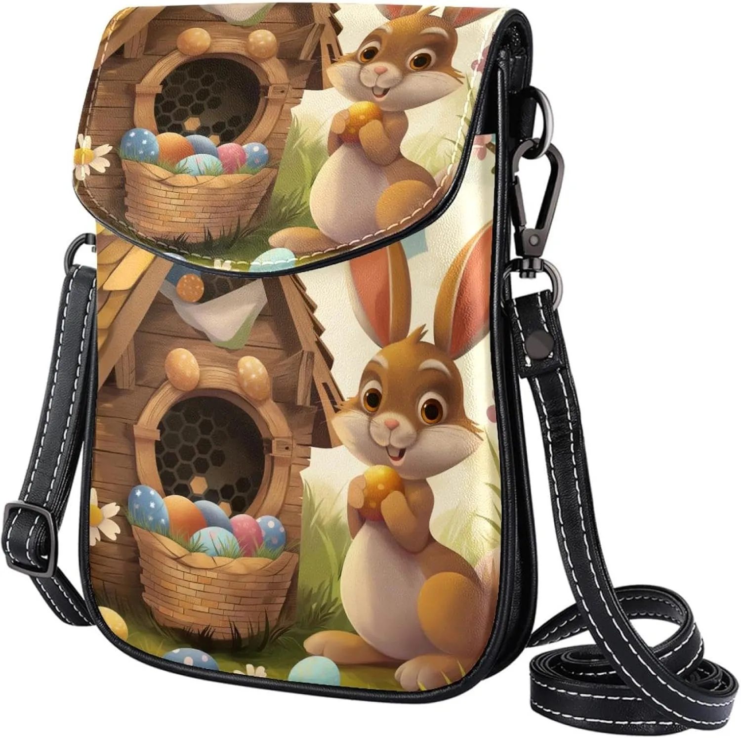 Satchel Bag Easter Bunny And Colorful Eggs Purse Crossbody Leather Messenger Bag For Women