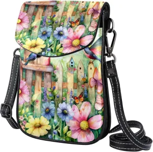 Satchel Bag Garden Scene Birdhouses Butterfly Flowers Purse Crossbody Leather Messenger Bag For Women