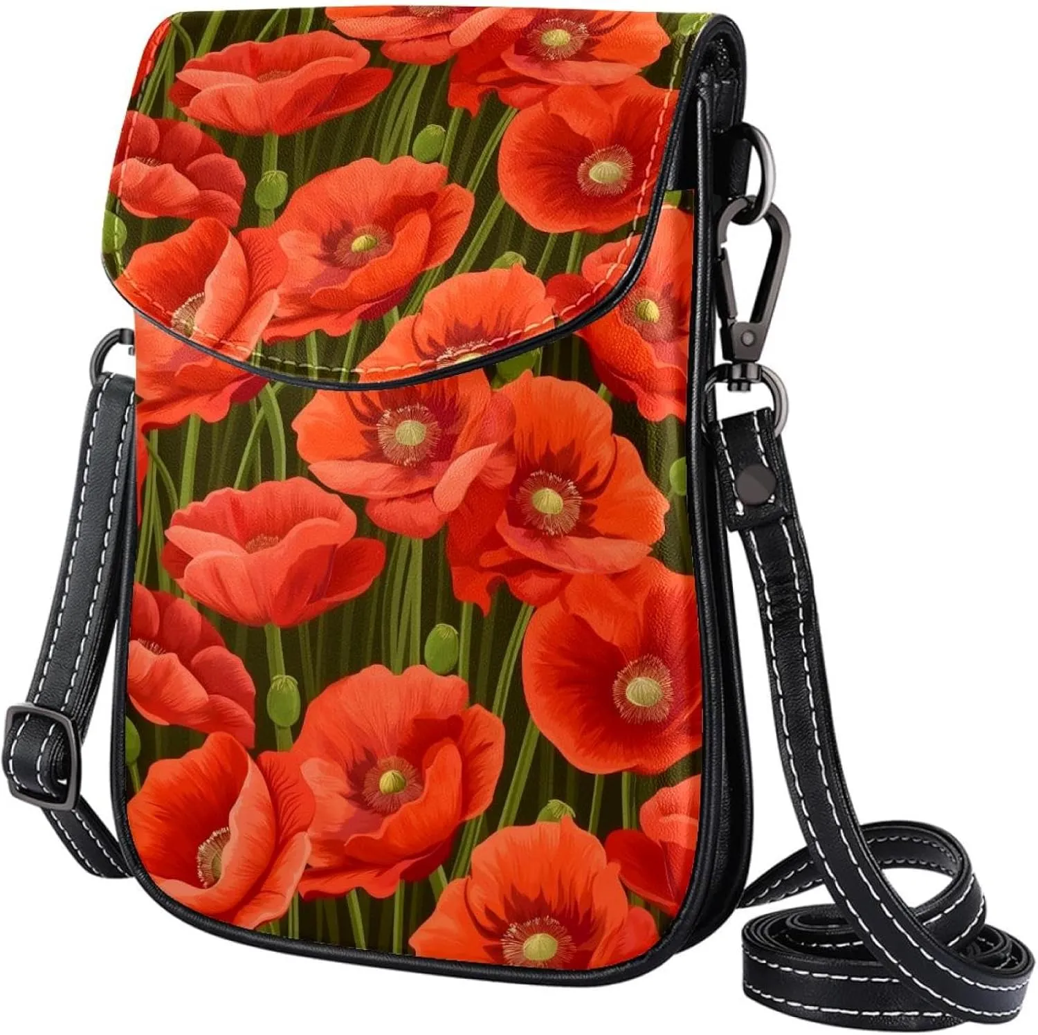 Satchel Bag Red Poppy Green Leaf Bunch Purse Crossbody Leather Messenger Bag For Women