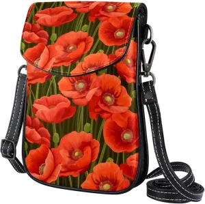 Satchel Bag Red Poppy Green Leaf Bunch Purse Crossbody Leather Messenger Bag For Women