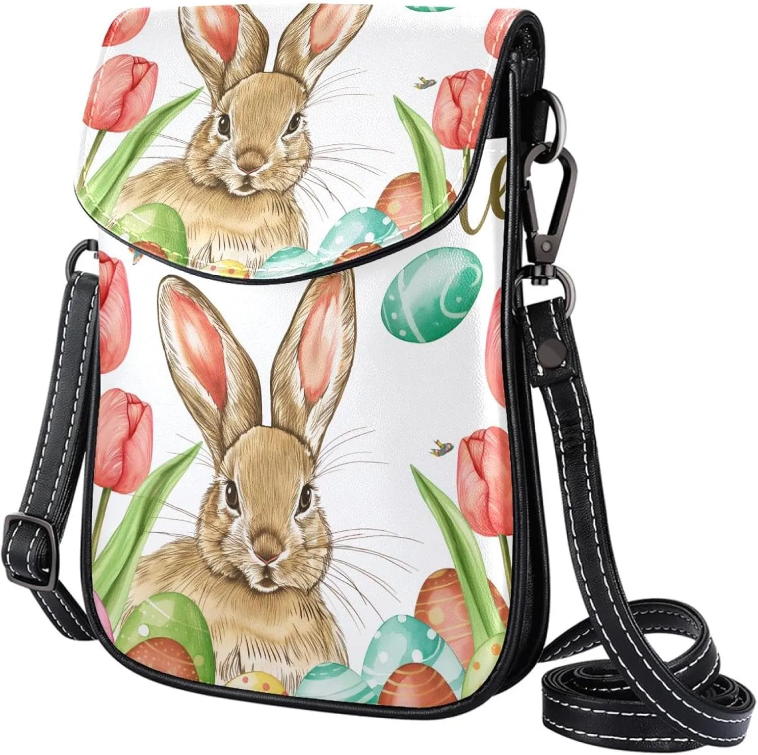 Satchel Bag Watercolor Bunny Tulips Flowers Purse Crossbody Leather Messenger Bag For Women