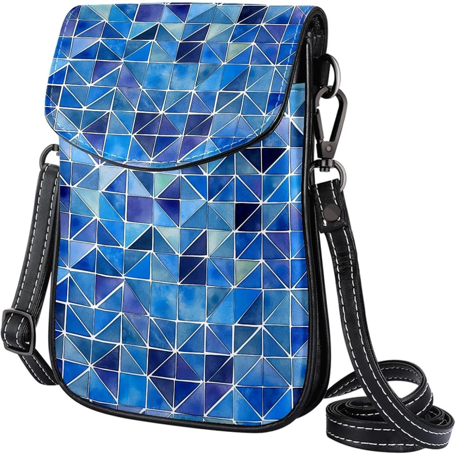 Satchel Bag Watercolor Mosaic Blue Geometric Pattern Purse Crossbody Leather Messenger Bag For Women