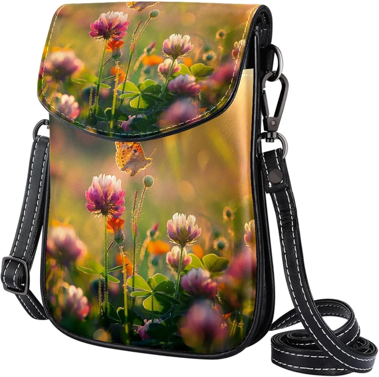 Satchel Bag Wild Flowers Of Clover And Butterfly Purse Crossbody Leather Messenger Bag For Women