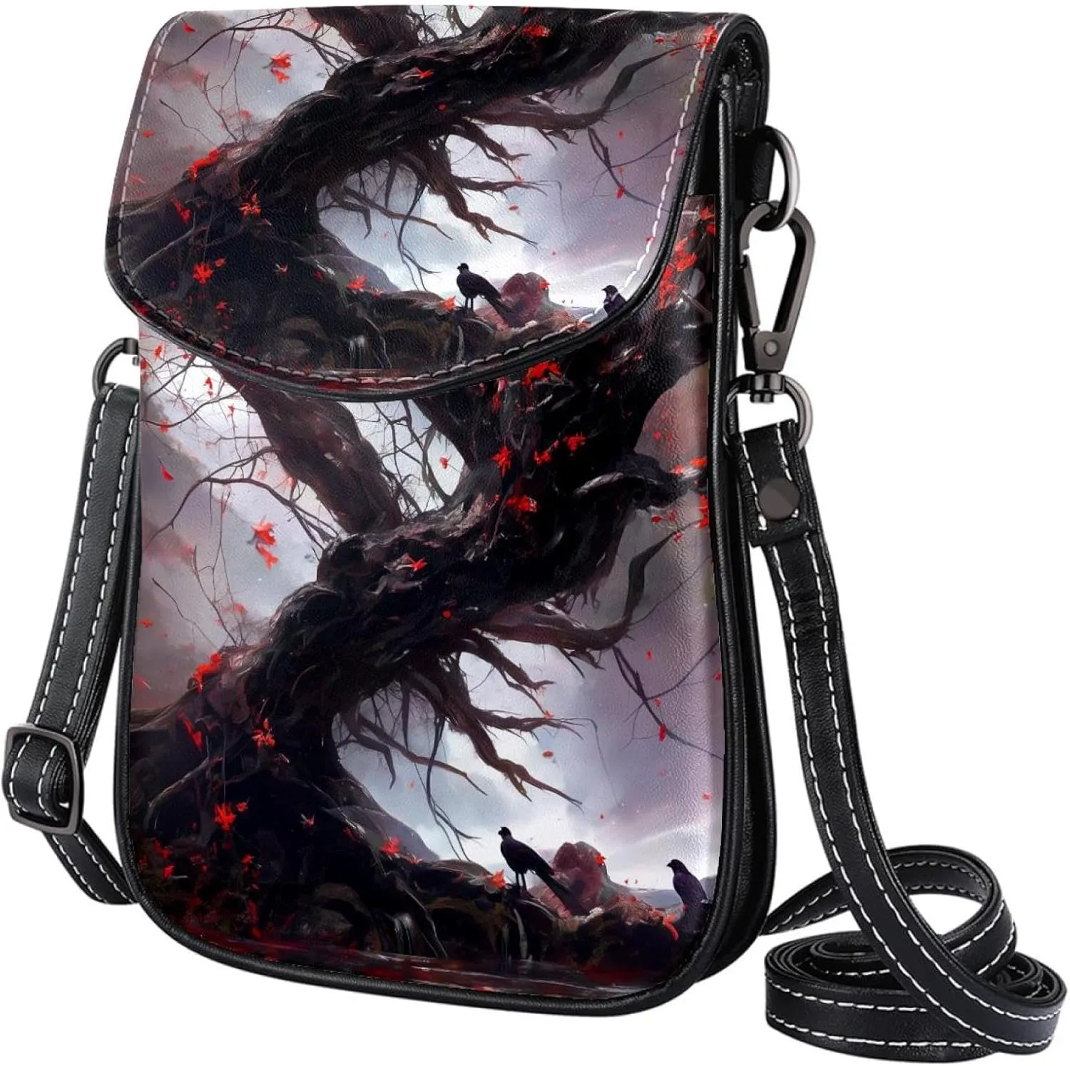 Satchel Bag Willows Tree With Red Flowers Purse Crossbody Leather Messenger Bag For Women