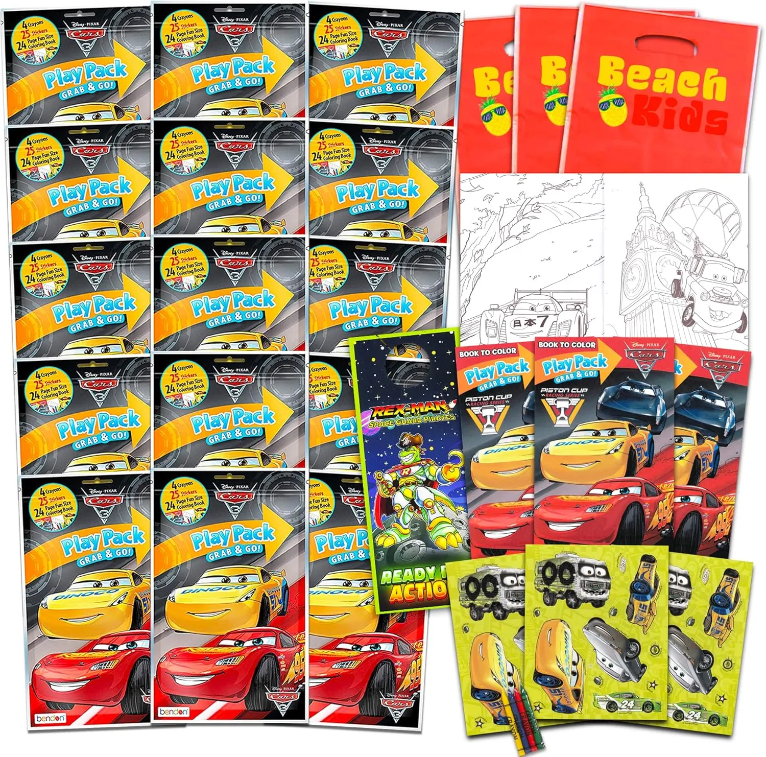 Set of 15 Kids Play Packs Fun Party Favors Coloring Book Crayons Stickers and Loot Bags (Disney Cars)