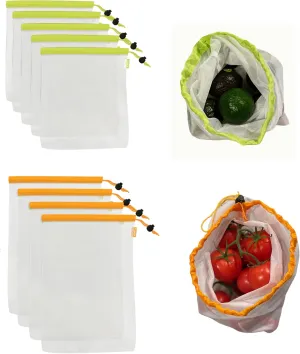 Set of 9 (5M & 4L) Reusable Mesh Produce Bags with Drawstrings for Fruits, Vegetables, Food, Toys - Barcode Scanable - See Through - Tare Weights - Eco-friendly