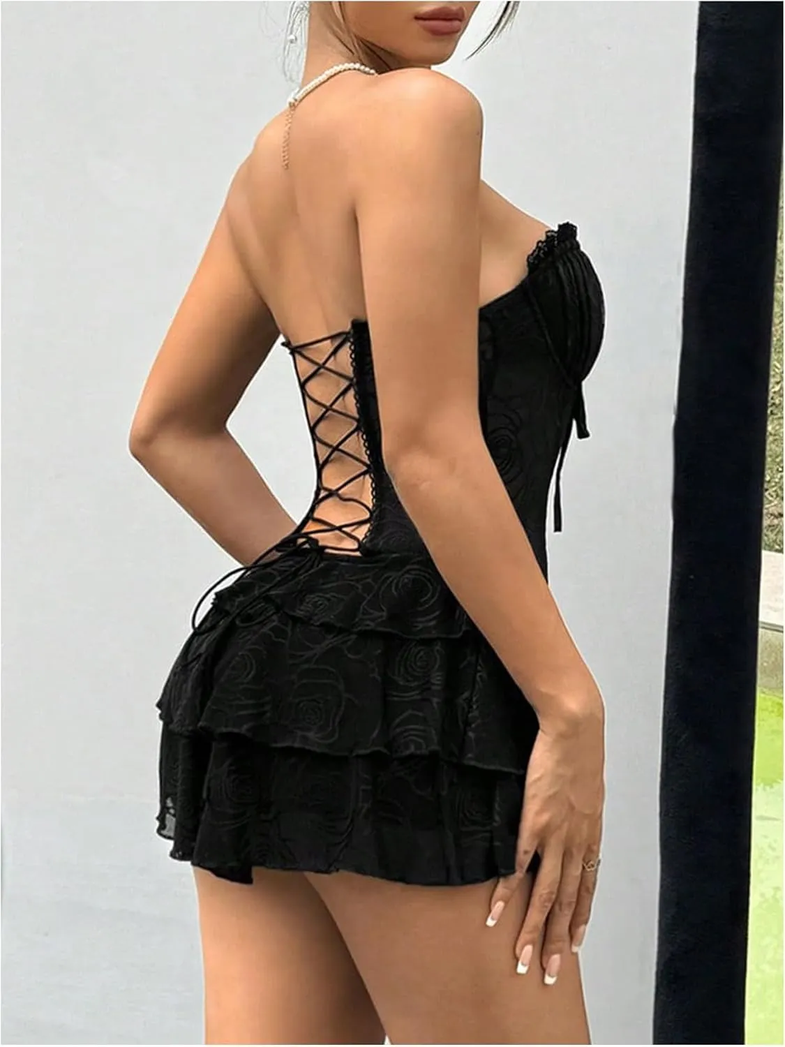 SHENHE Women's Lace Up Strapless Bustier Corset Dress Mesh Layered Ruffle Mini Tube Party Dress