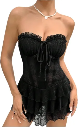 SHENHE Women's Lace Up Strapless Bustier Corset Dress Mesh Layered Ruffle Mini Tube Party Dress
