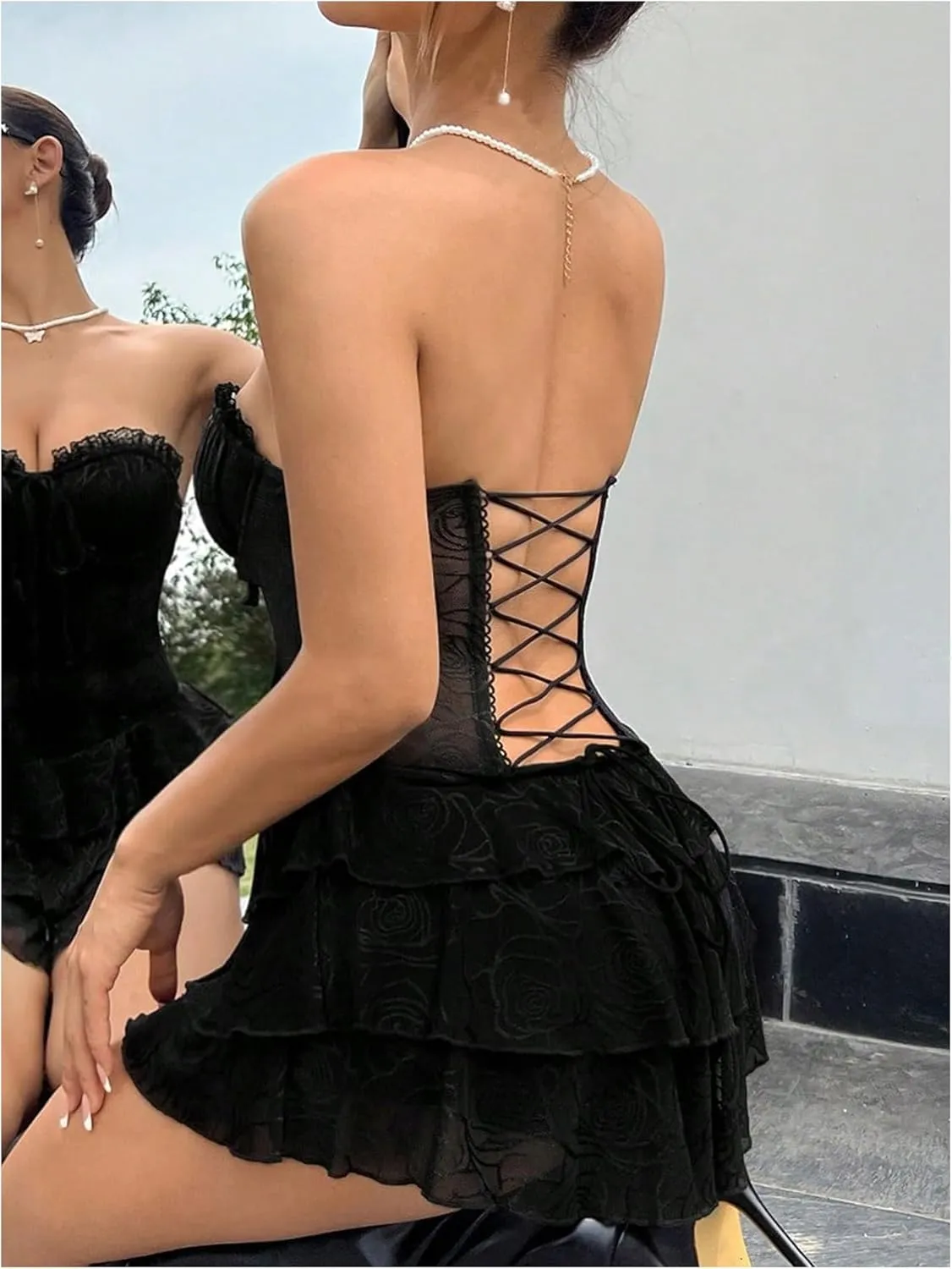 SHENHE Women's Lace Up Strapless Bustier Corset Dress Mesh Layered Ruffle Mini Tube Party Dress