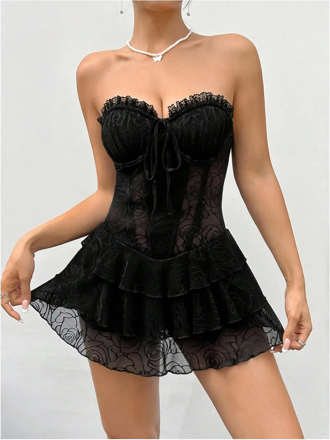 SHENHE Women's Lace Up Strapless Bustier Corset Dress Mesh Layered Ruffle Mini Tube Party Dress