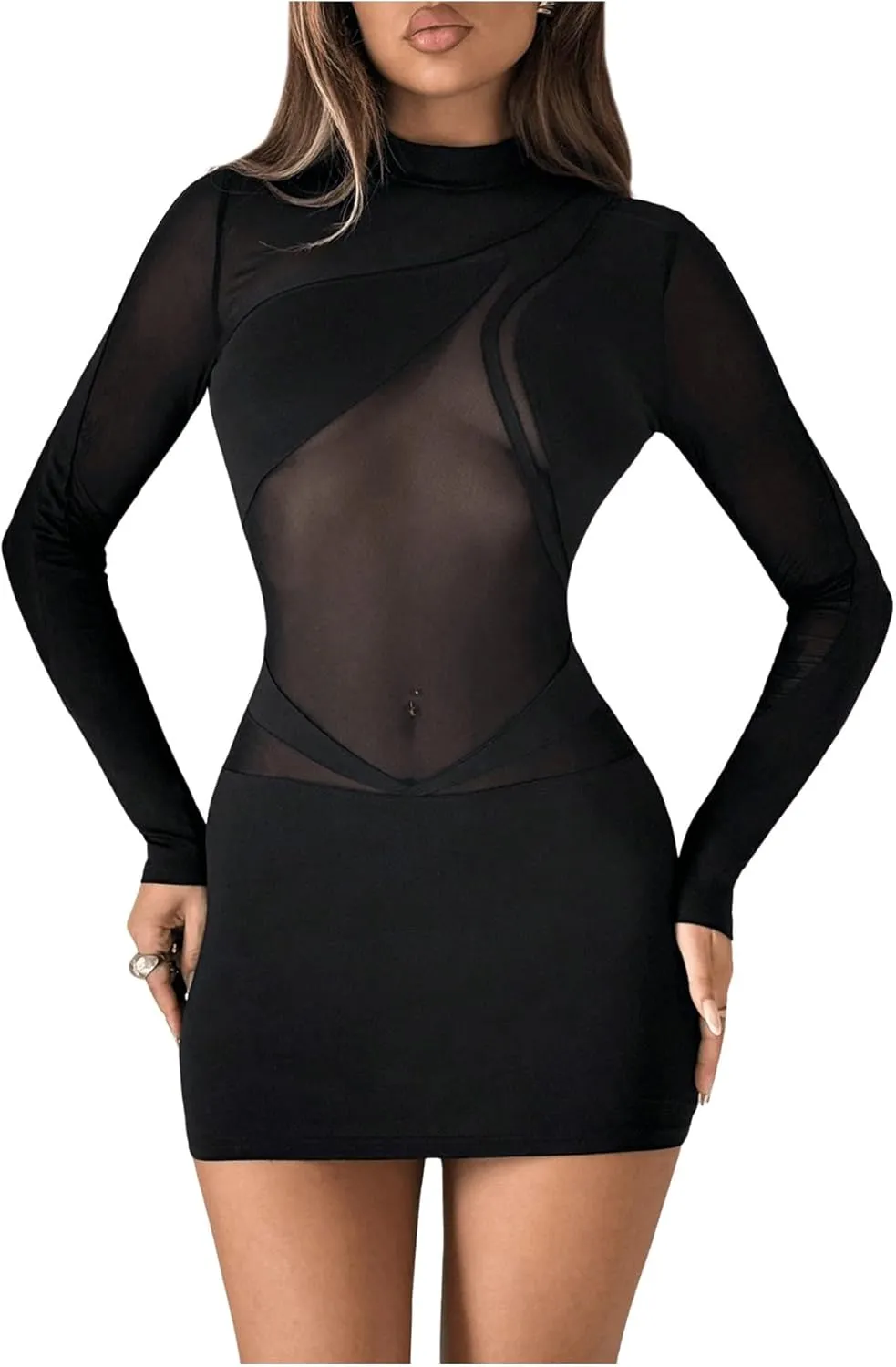 SHENHE Women's Sheer Mesh Sexy Dress Long Sleeve Mock Neck Bodycon Party Night Mini Dress