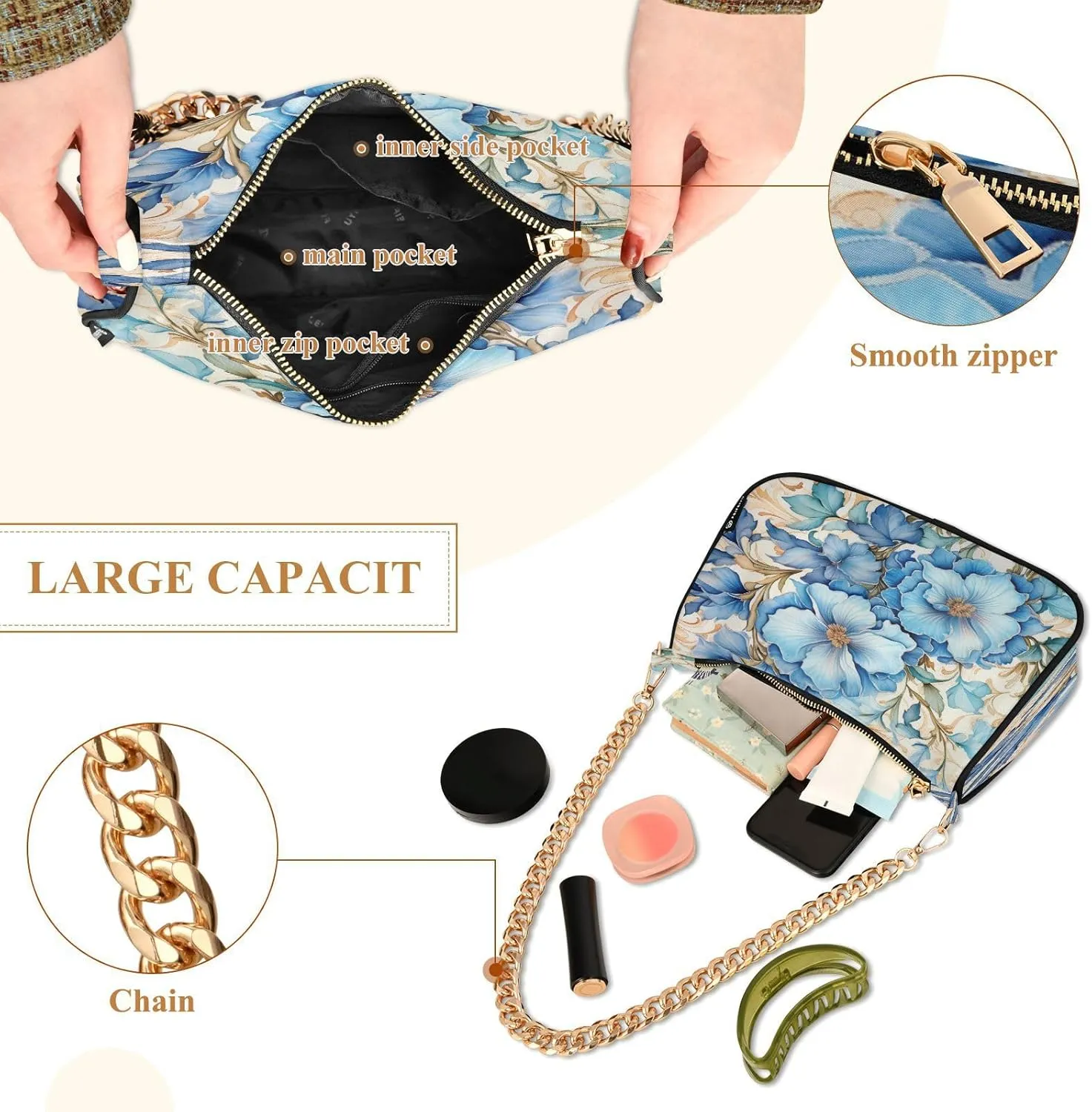 Shoulder Bags for Women Flower Floral Hobo Tote Handbag Small Clutch Purse with Zipper Closure