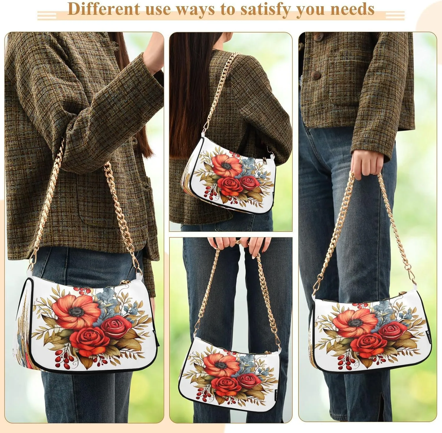 Shoulder Bags for Women Flower Floral Hobo Tote Handbag Small Clutch Purse with Zipper Closure