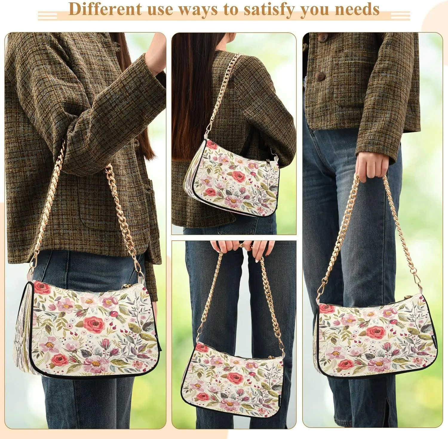 Shoulder Bags for Women Flower Floral Hobo Tote Handbag Small Clutch Purse with Zipper Closure