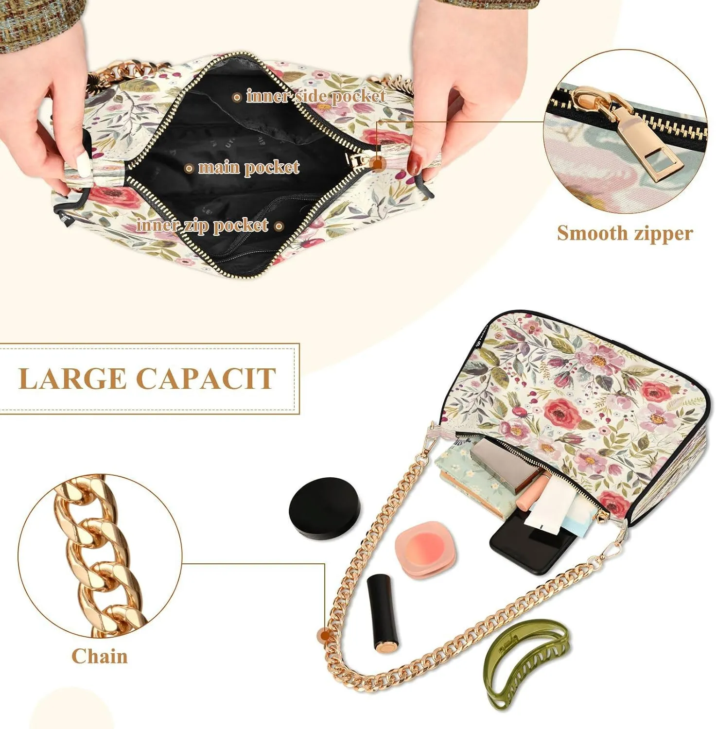 Shoulder Bags for Women Flower Floral Hobo Tote Handbag Small Clutch Purse with Zipper Closure