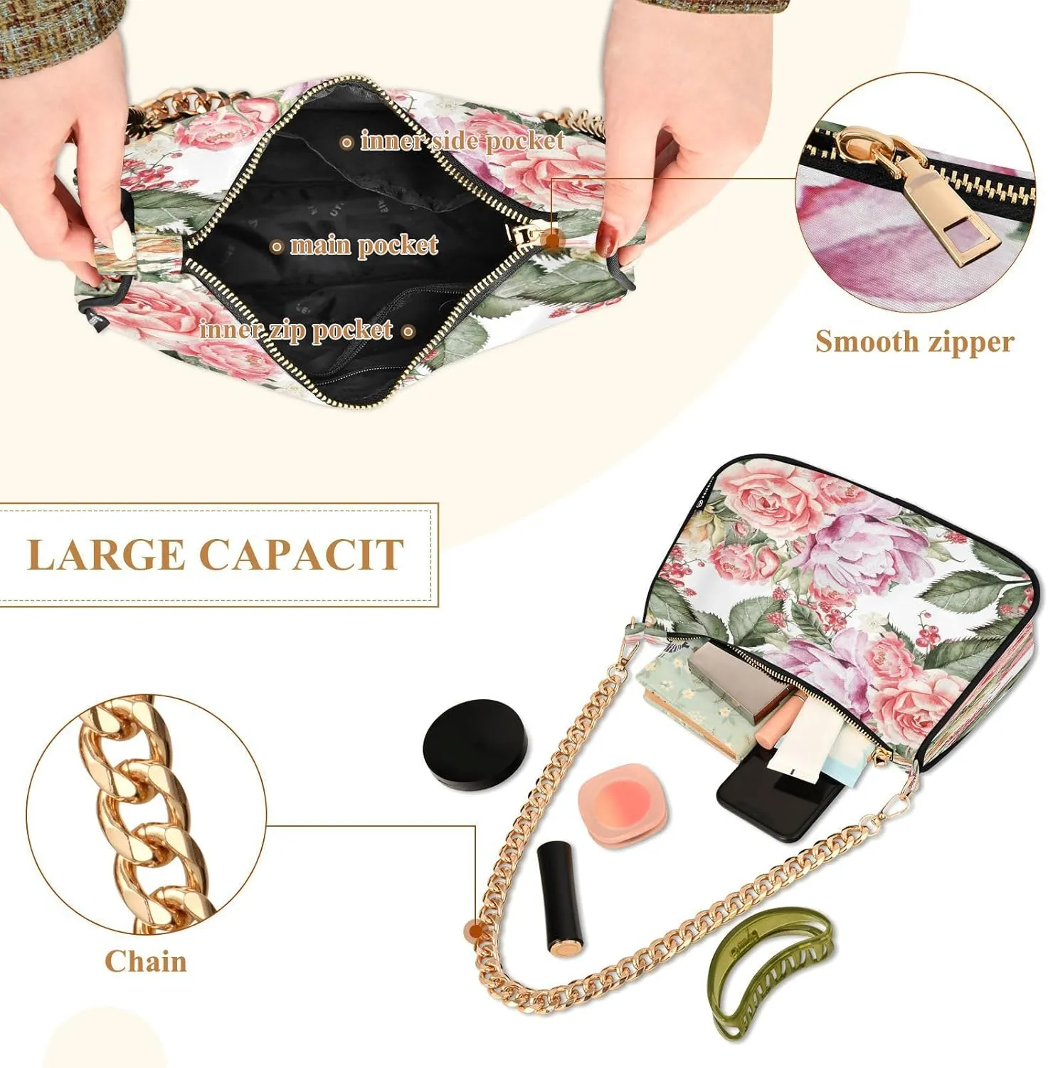 Shoulder Bags for Women Flower Floral Hobo Tote Handbag Small Clutch Purse with Zipper Closure