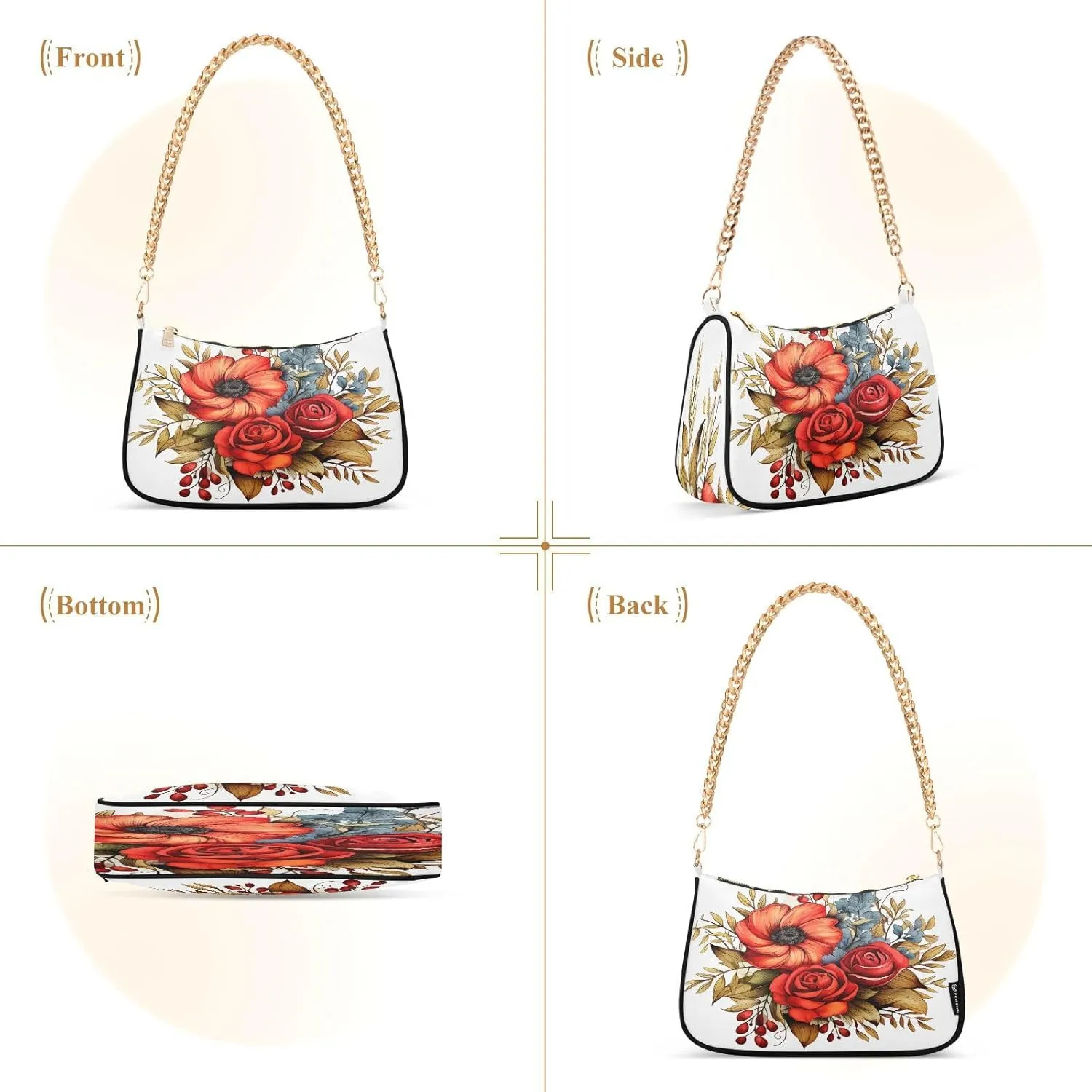 Shoulder Bags for Women Flower Floral Hobo Tote Handbag Small Clutch Purse with Zipper Closure