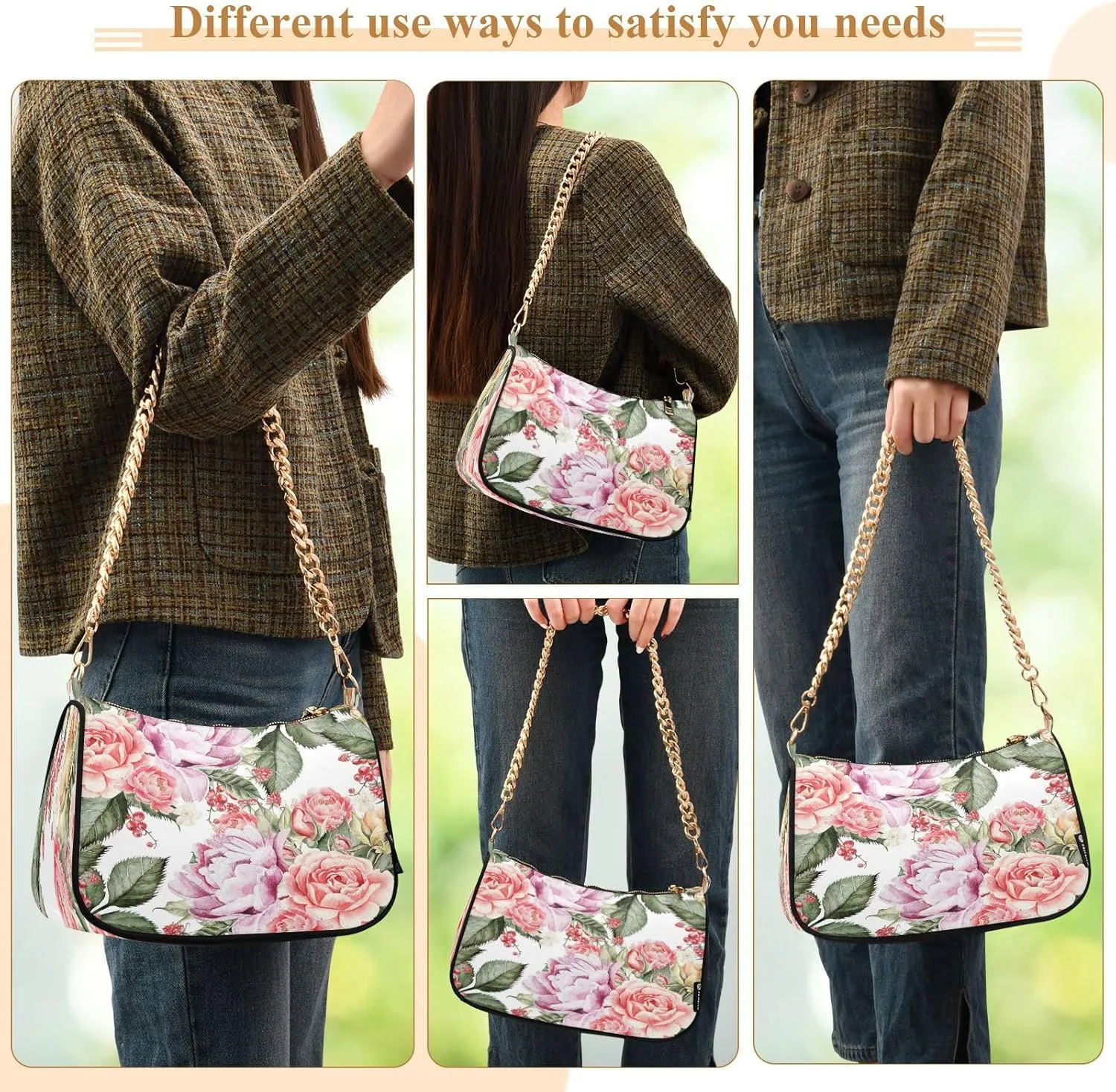 Shoulder Bags for Women Flower Floral Hobo Tote Handbag Small Clutch Purse with Zipper Closure
