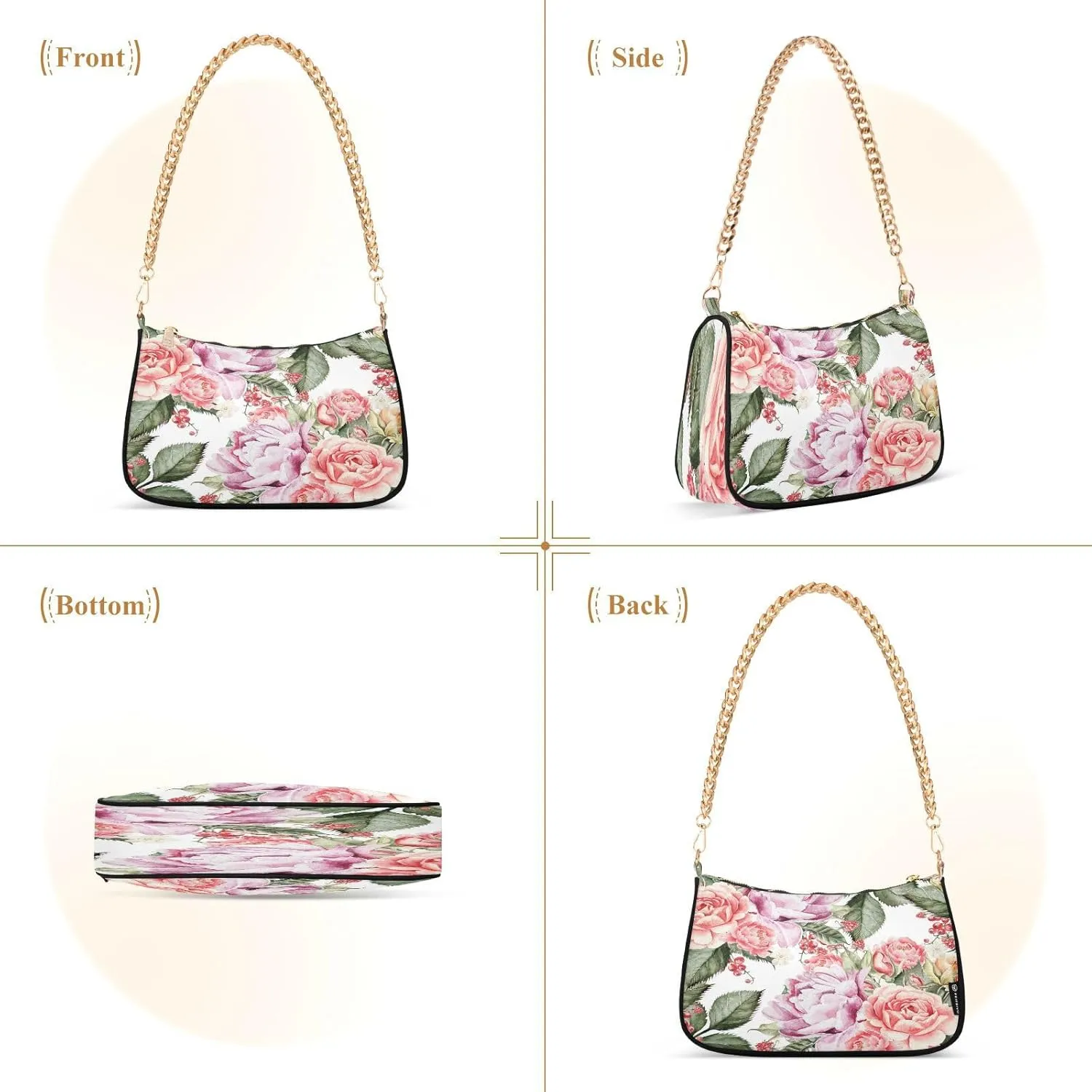 Shoulder Bags for Women Flower Floral Hobo Tote Handbag Small Clutch Purse with Zipper Closure