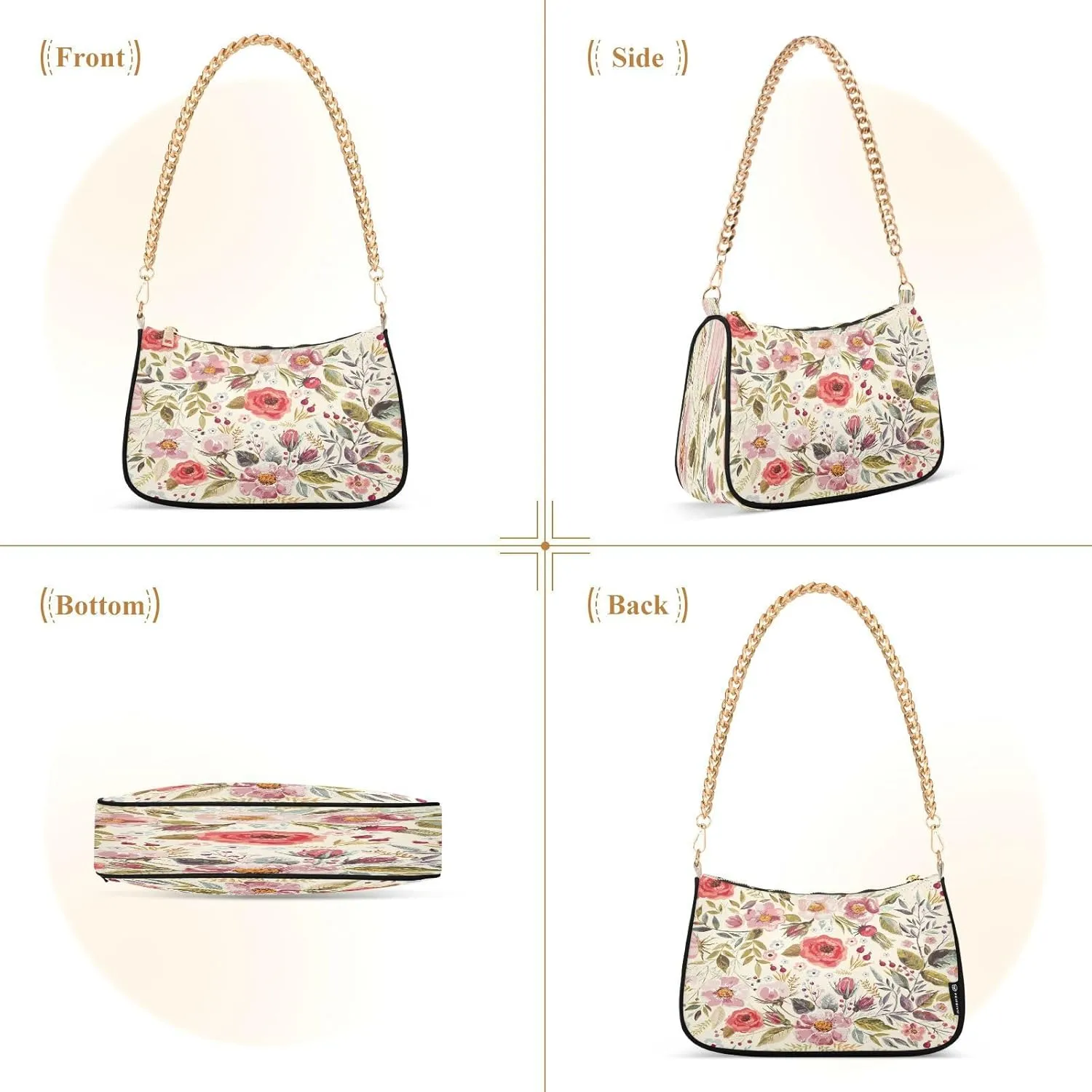 Shoulder Bags for Women Flower Floral Hobo Tote Handbag Small Clutch Purse with Zipper Closure