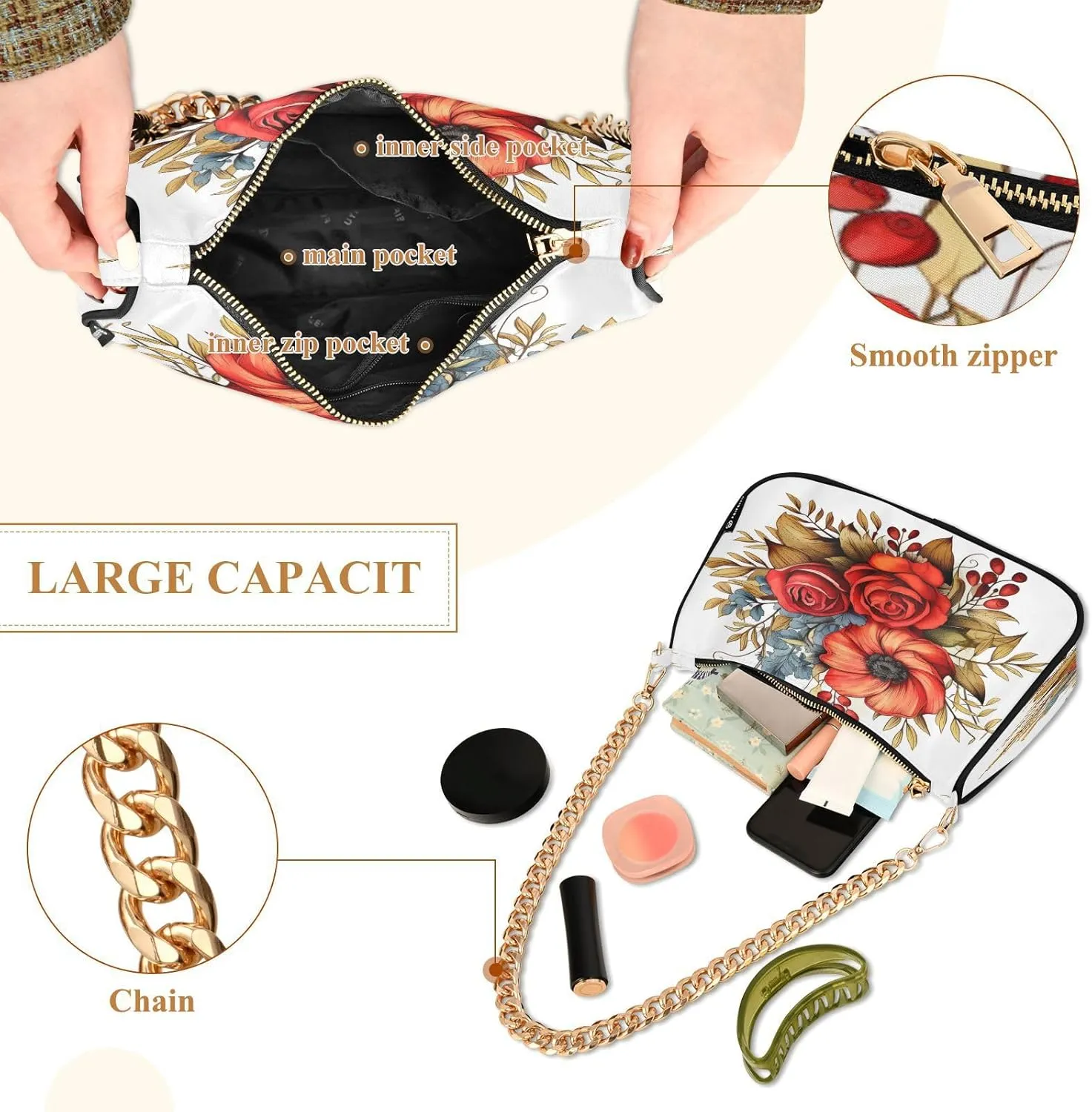 Shoulder Bags for Women Flower Floral Hobo Tote Handbag Small Clutch Purse with Zipper Closure