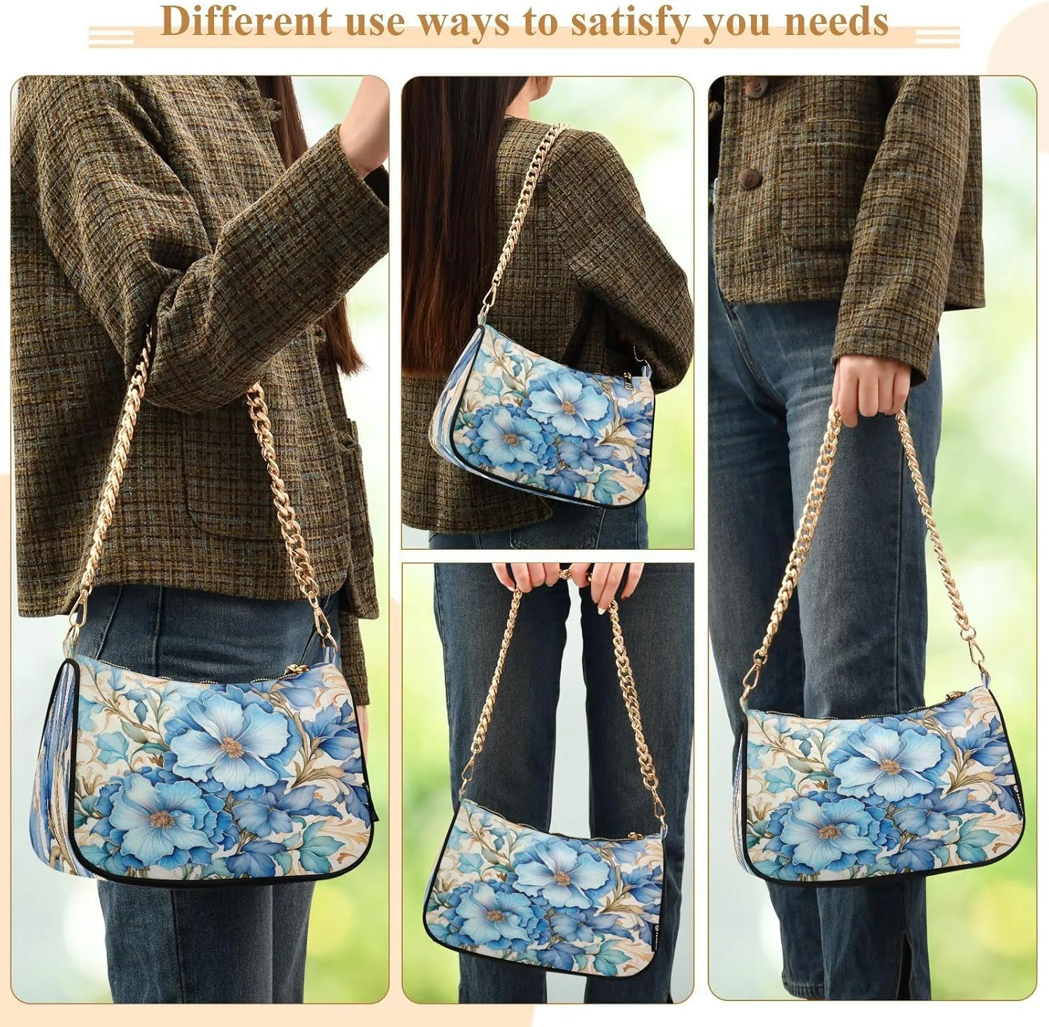 Shoulder Bags for Women Flower Floral Hobo Tote Handbag Small Clutch Purse with Zipper Closure
