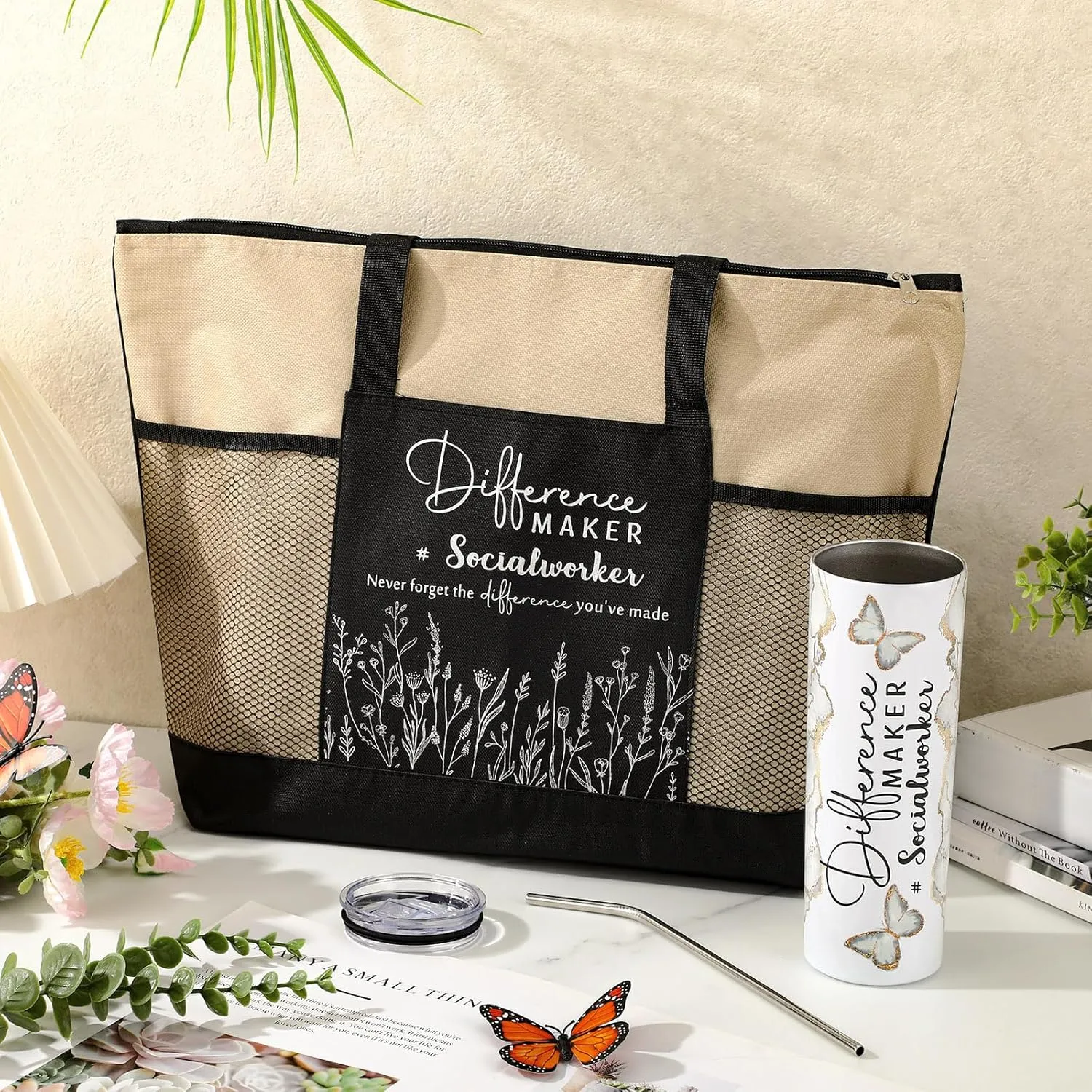 Sieral Social Worker Appreciation Graduation Gifts 20 oz Tumbler with Straw and Brush and Tote Bag for Women School Counselor Intern Employee Coworker Volunteer Nurse Week 2025(White and Khaki)