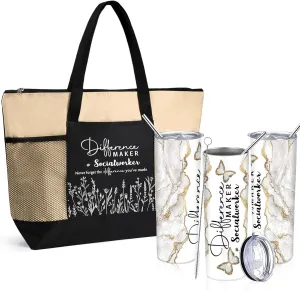 Sieral Social Worker Appreciation Graduation Gifts 20 oz Tumbler with Straw and Brush and Tote Bag for Women School Counselor Intern Employee Coworker Volunteer Nurse Week 2025(White and Khaki)
