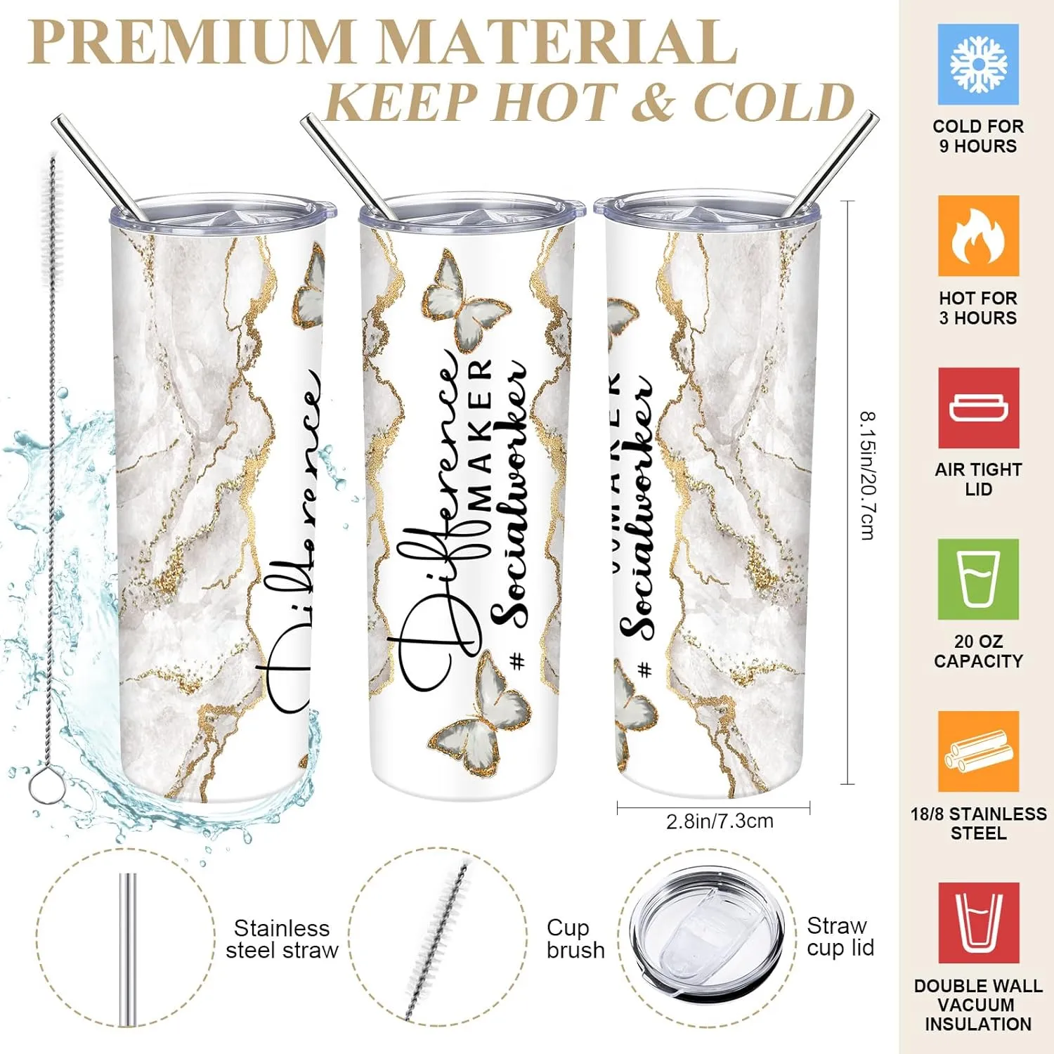 Sieral Social Worker Appreciation Graduation Gifts 20 oz Tumbler with Straw and Brush and Tote Bag for Women School Counselor Intern Employee Coworker Volunteer Nurse Week 2025(White and Khaki)