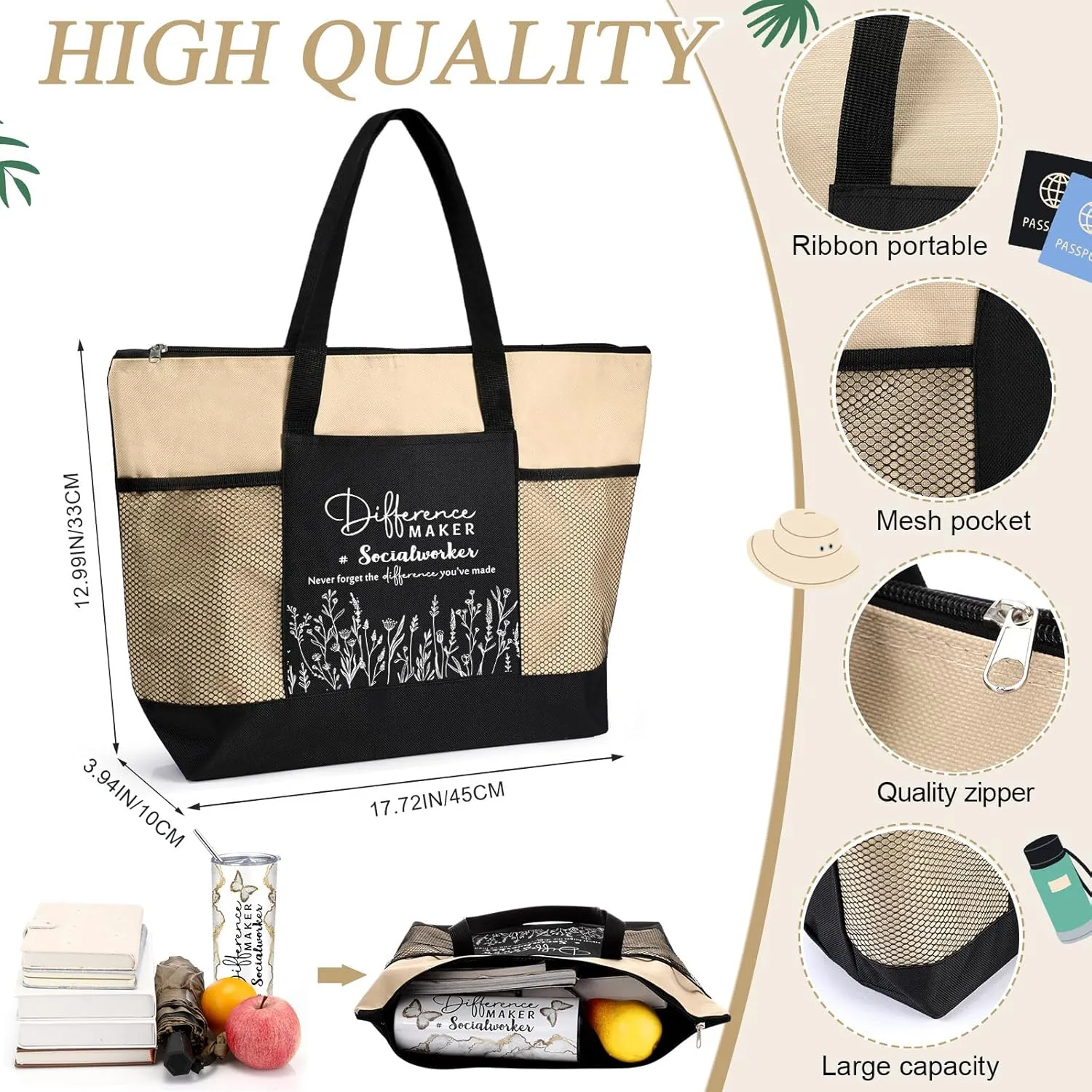 Sieral Social Worker Appreciation Graduation Gifts 20 oz Tumbler with Straw and Brush and Tote Bag for Women School Counselor Intern Employee Coworker Volunteer Nurse Week 2025(White and Khaki)