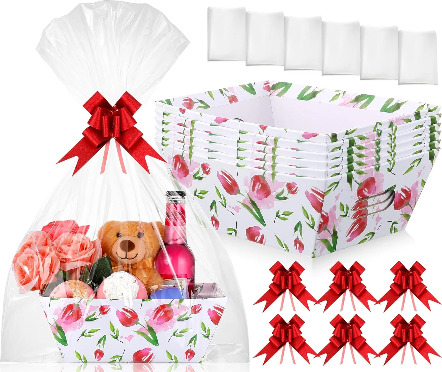Skyygemm 6 Pcs 9. 8 x 6. 5inch Tea Party Thick Cardboard Empty Gifts Basket to Fill Pink Tulip Rose Floral Patterns Box with Cellophane Bags and Ribbons Bows for Women Spring Wedding(Tulip)