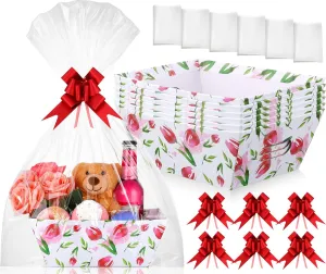 Skyygemm 6 Pcs 9. 8 x 6. 5inch Tea Party Thick Cardboard Empty Gifts Basket to Fill Pink Tulip Rose Floral Patterns Box with Cellophane Bags and Ribbons Bows for Women Spring Wedding(Tulip)