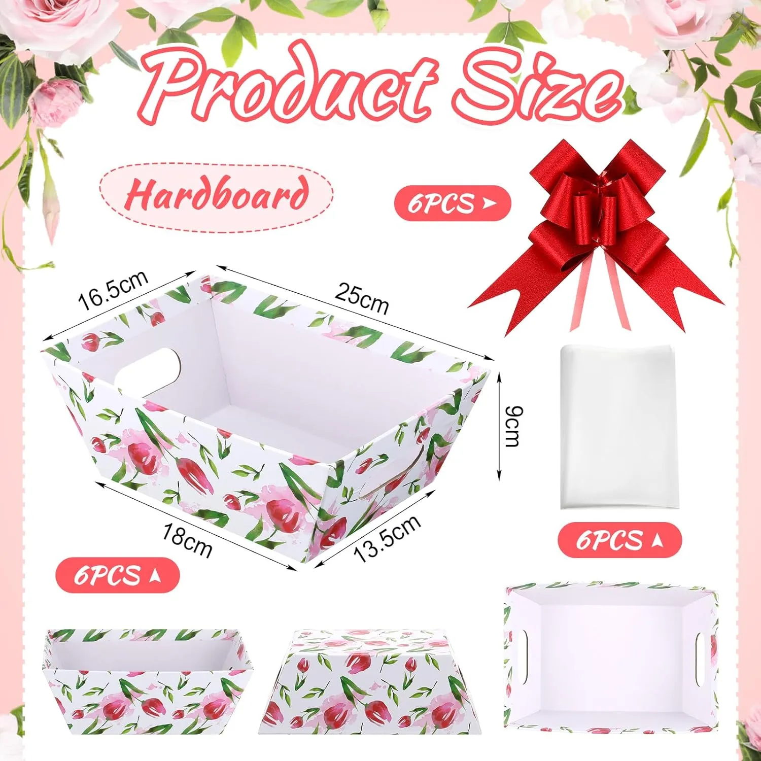 Skyygemm 6 Pcs 9. 8 x 6. 5inch Tea Party Thick Cardboard Empty Gifts Basket to Fill Pink Tulip Rose Floral Patterns Box with Cellophane Bags and Ribbons Bows for Women Spring Wedding(Tulip)