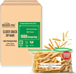 Slider Snack Storage Zip Bags with Stand-Up Bottom, 1000 Count | 2 Mil | 6.5 IN x 3.25 IN, Freshness Easy Open Reclosable Clear Plastic Bags for Food On the Go (Slider-snack-1000count)