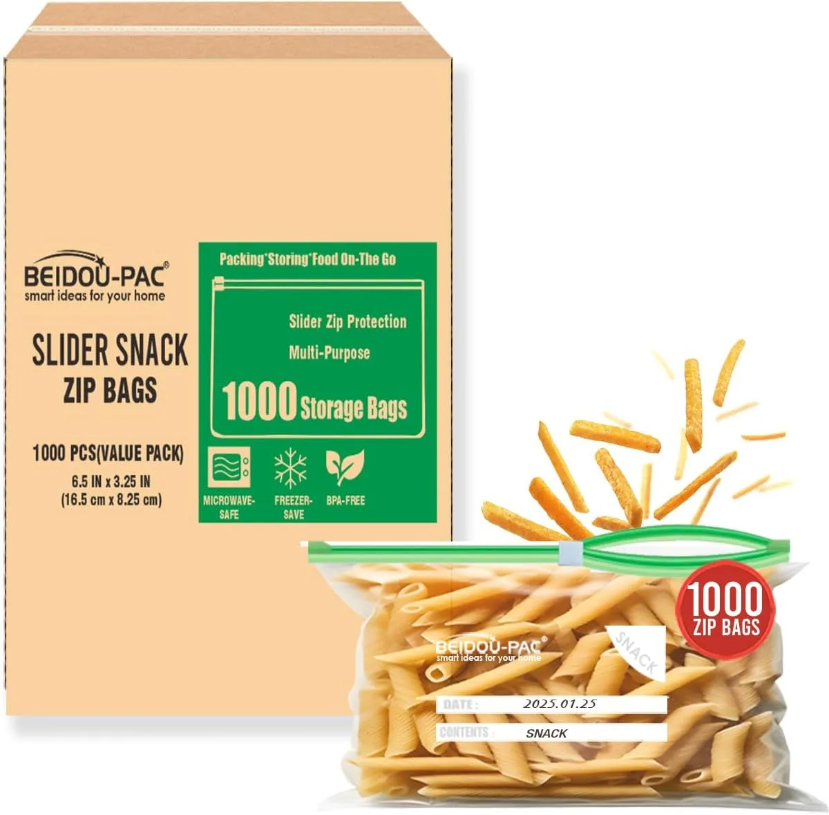 Slider Snack Storage Zip Bags with Stand-Up Bottom, 1000 Count | 2 Mil | 6.5 IN x 3.25 IN, Freshness Easy Open Reclosable Clear Plastic Bags for Food On the Go (Slider-snack-1000count)