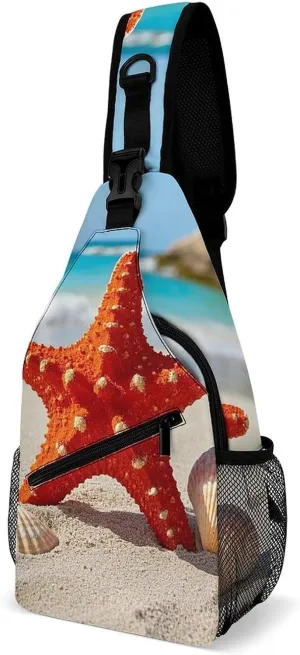 Sling Bag Crossbody Shoulder Bag Cross Chest Bag Beach Seashells Starfish Sling Backpack Travel Hiking Daypack