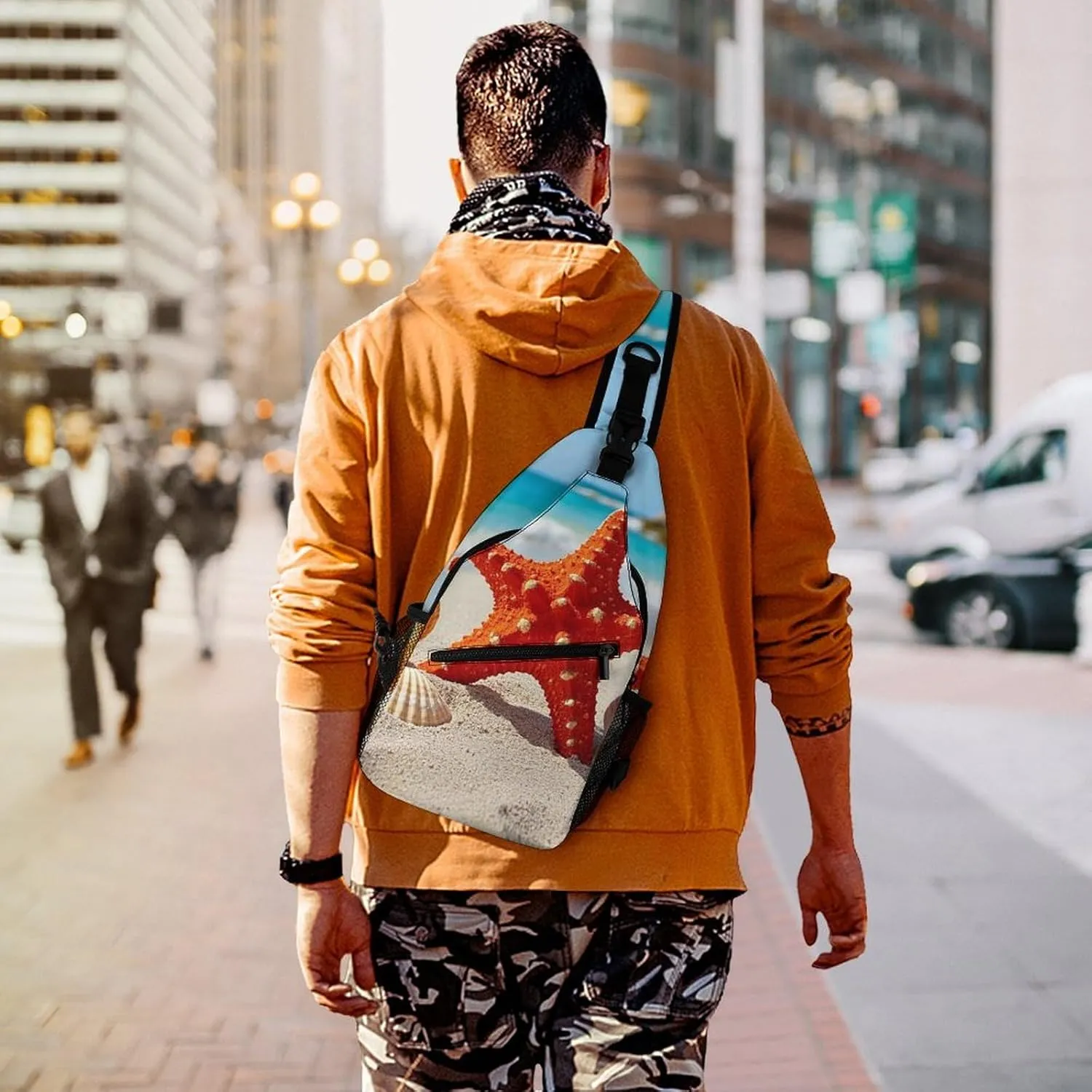 Sling Bag Crossbody Shoulder Bag Cross Chest Bag Beach Seashells Starfish Sling Backpack Travel Hiking Daypack