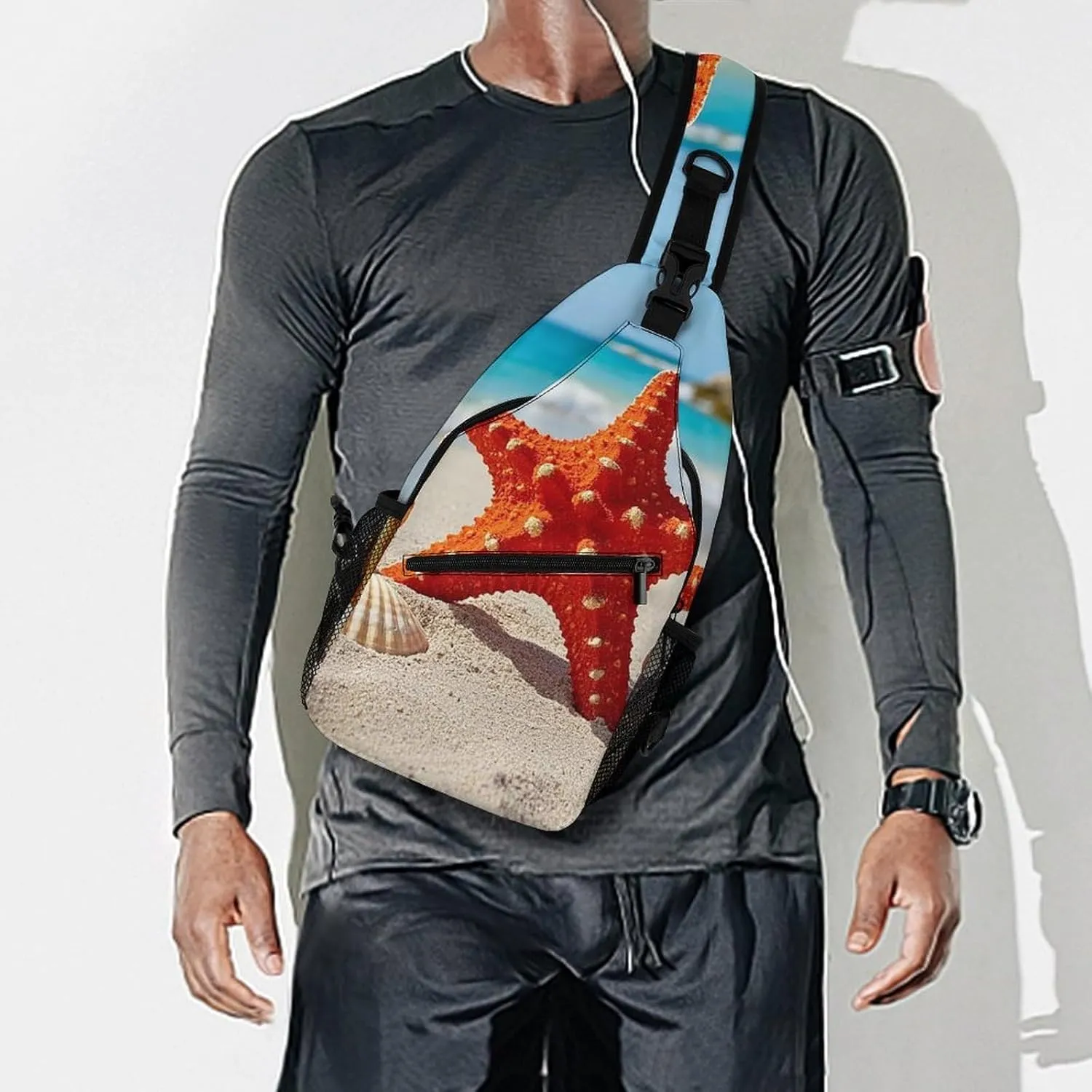Sling Bag Crossbody Shoulder Bag Cross Chest Bag Beach Seashells Starfish Sling Backpack Travel Hiking Daypack